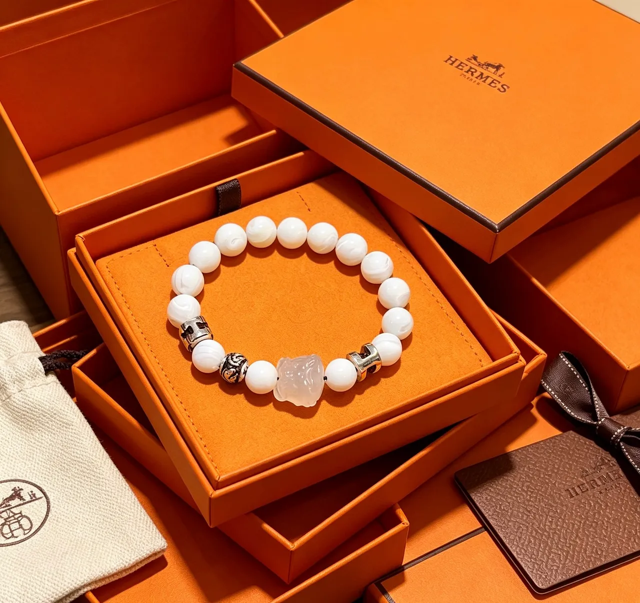 Hermès White Silver Stone Beads Metal Accents Bracelet