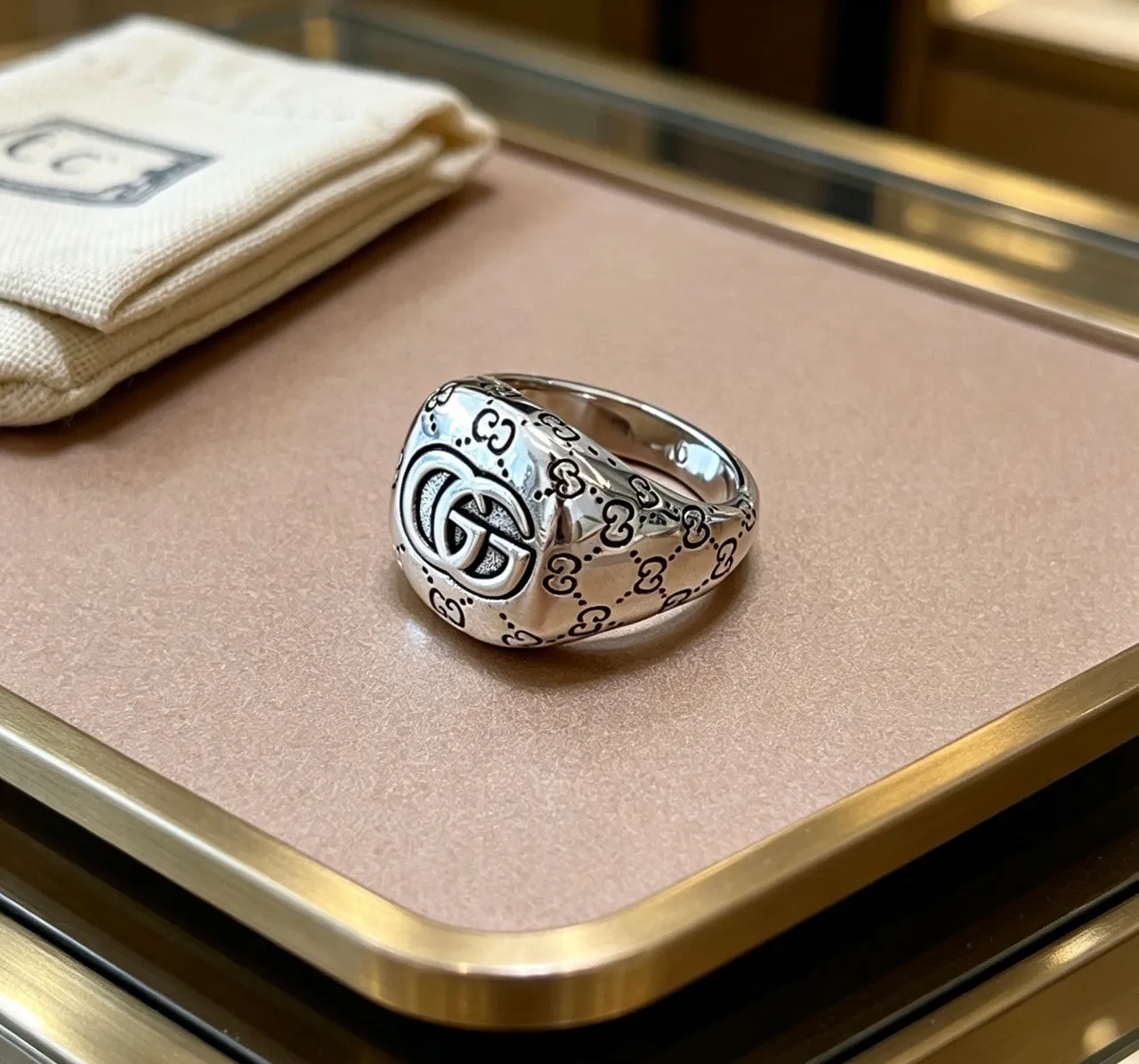 Gucci Silver Black Monogram-Engraved Signet-Style Ring
