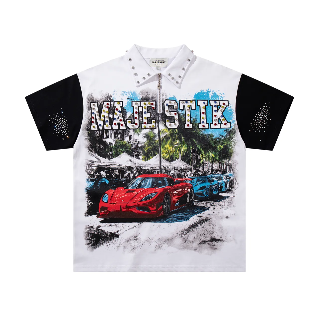MAJESTIK Graphic Print Rhinestone-Embellished Collared Zip-Front Shirt