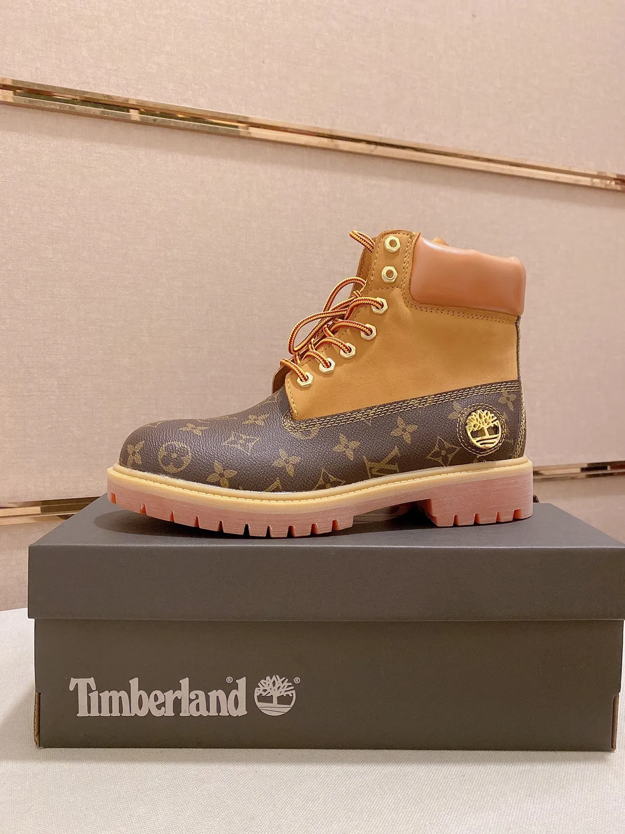 Timberland Premium 6-Inch Monogram Canvas and Tan Leather Work Boot