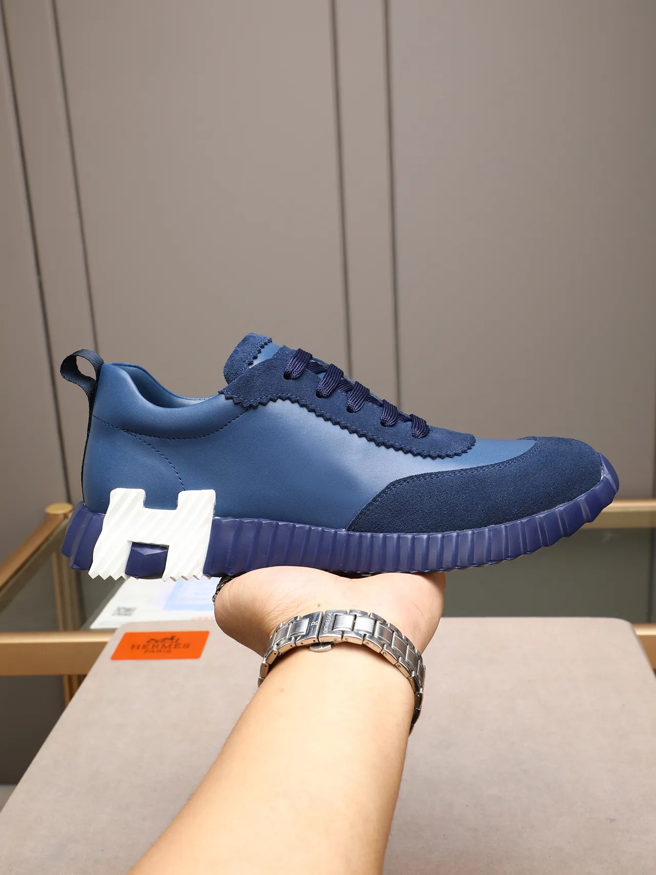 Hermès H-Ride Navy White Blue Leather-Suede Hybrid Upper Scalloped Collar Detail Lifestyle Sneakers
