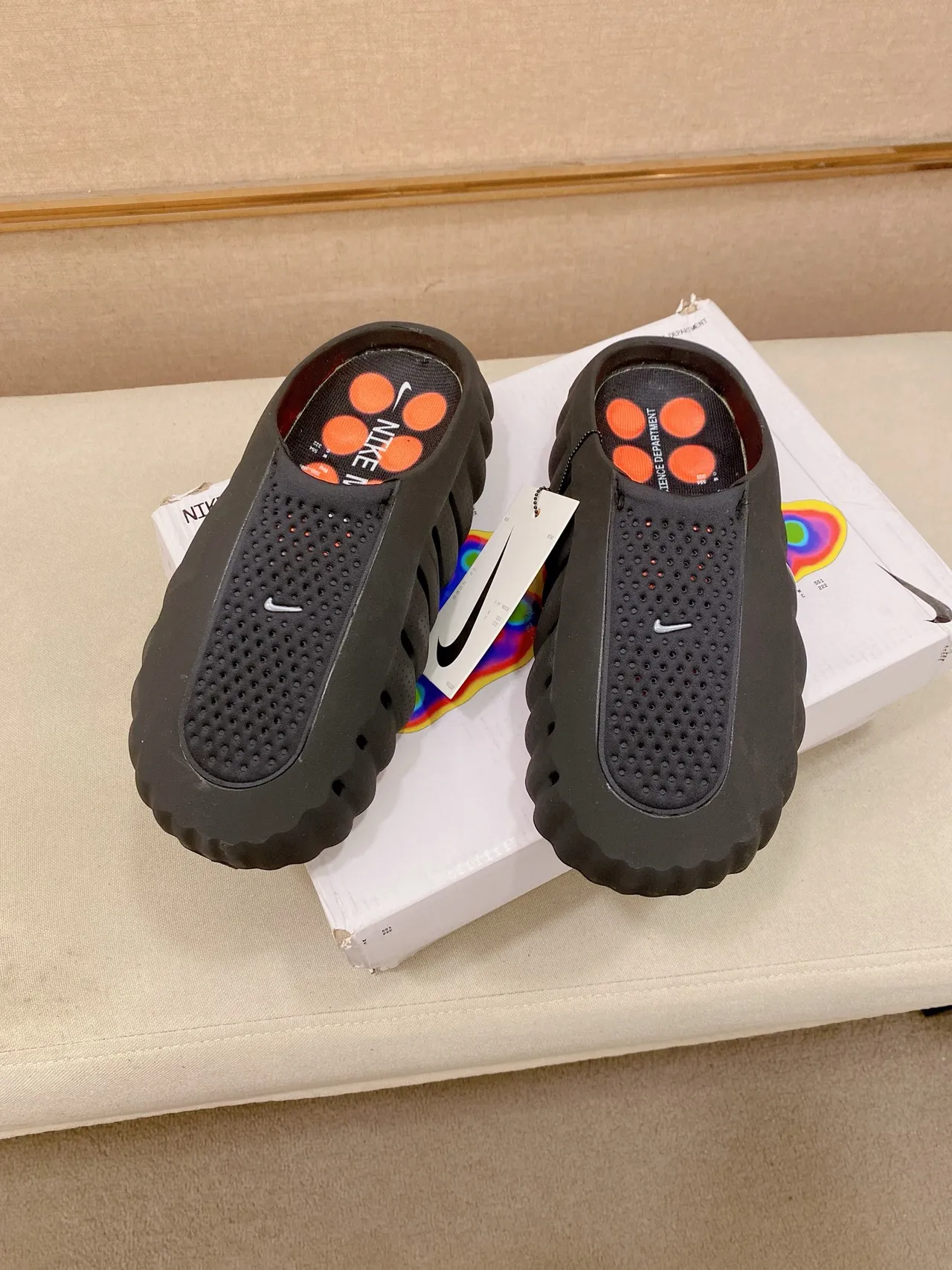 Nike Mind Orange White Molded Wavy Sole Perforated Strap Upper Slippers