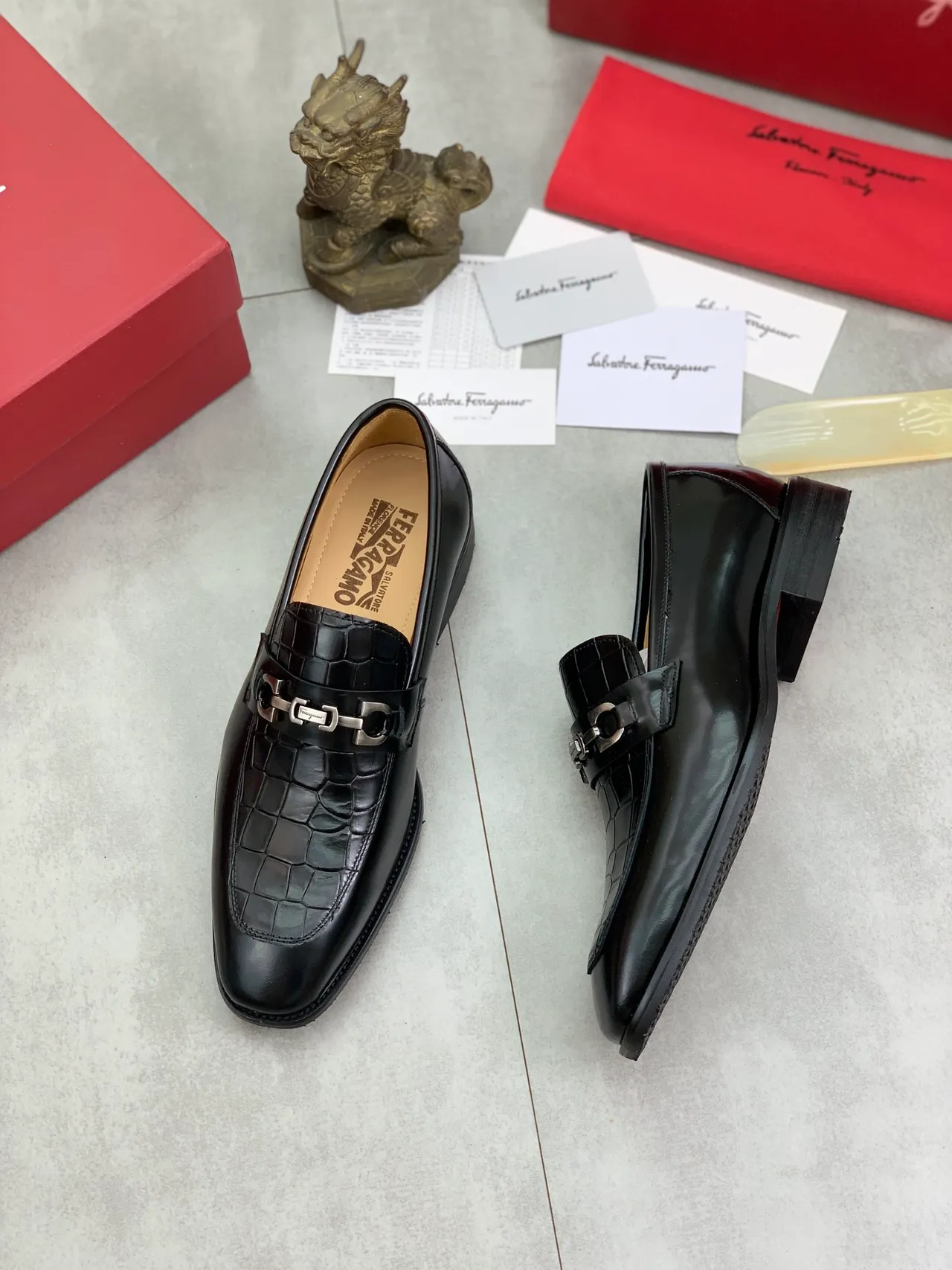 Salvatore Ferragamo Gancini Croc-Embossed Black Loafers