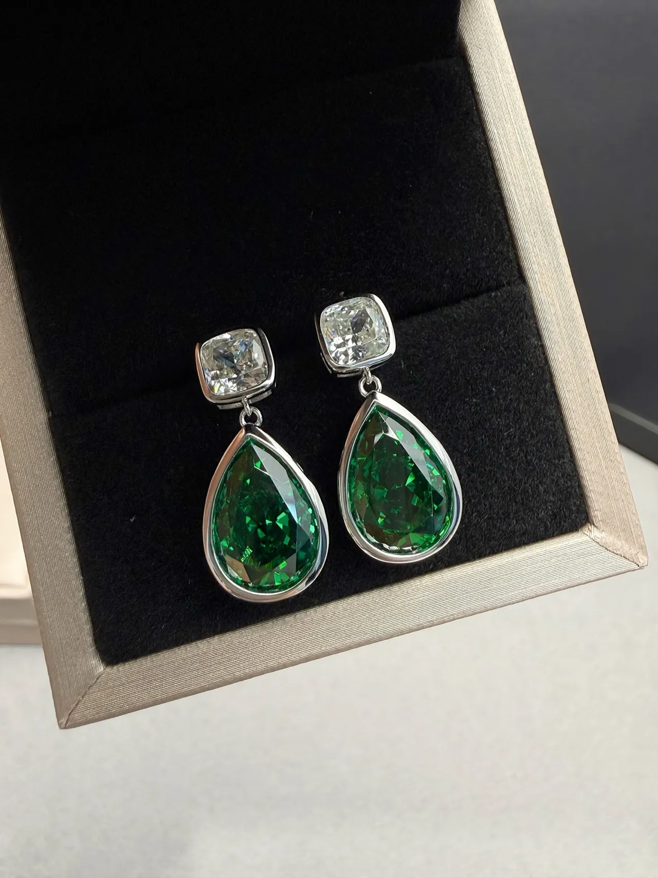 Two-Stone Teardrop Green and Clear Gem Drop Earrings