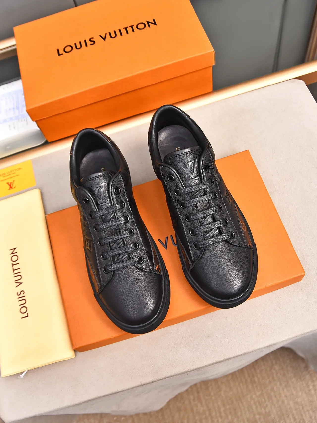 Louis Vuitton LV Trainer Black Brown Embossed Monogram Leather Canvas Accents Lifestyle Sneakers
