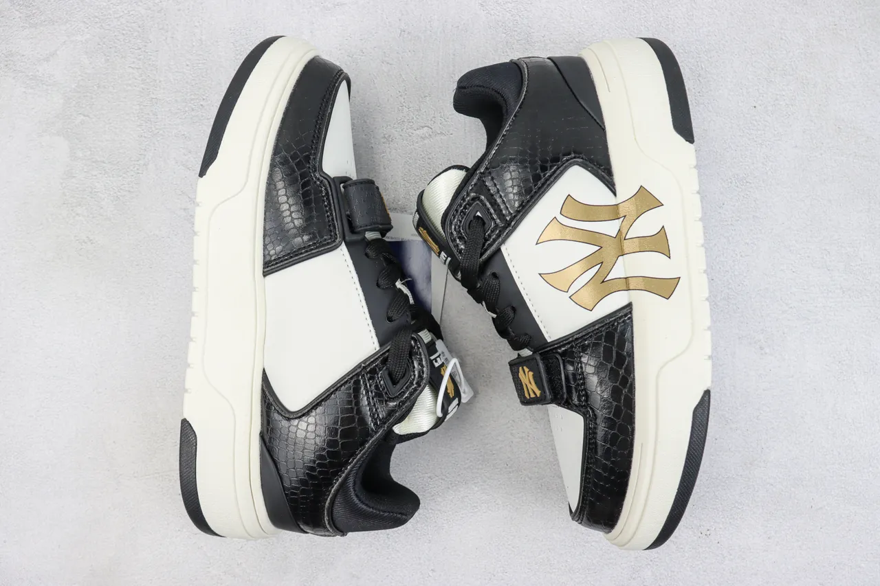 Mitchell & Ness Black Gold Crocodile-Embossed Leather White Side Panel Chunky Sneakers