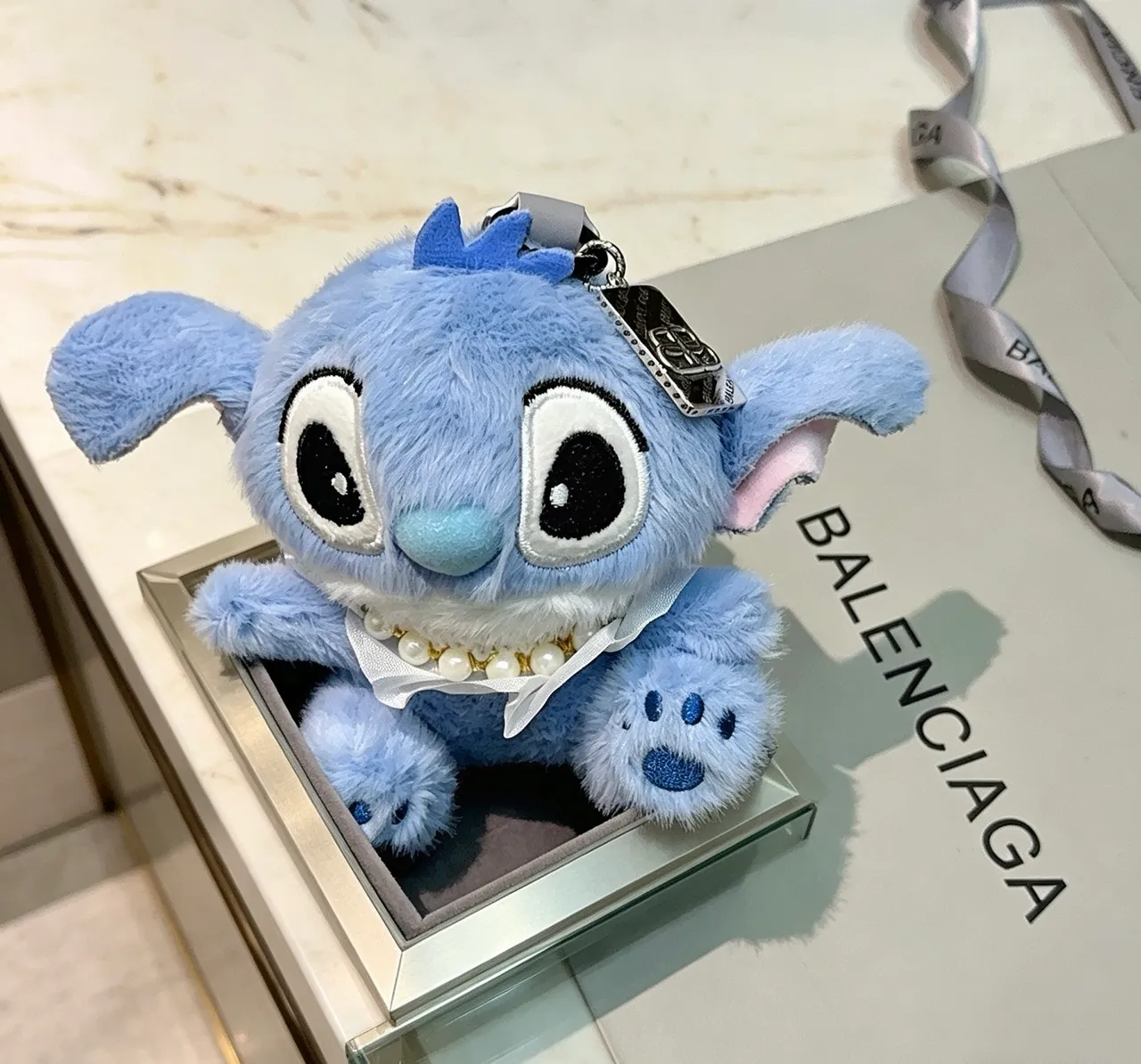 Blue White Plush Stuffed Character Pearl-Trimmed Collar Handbag