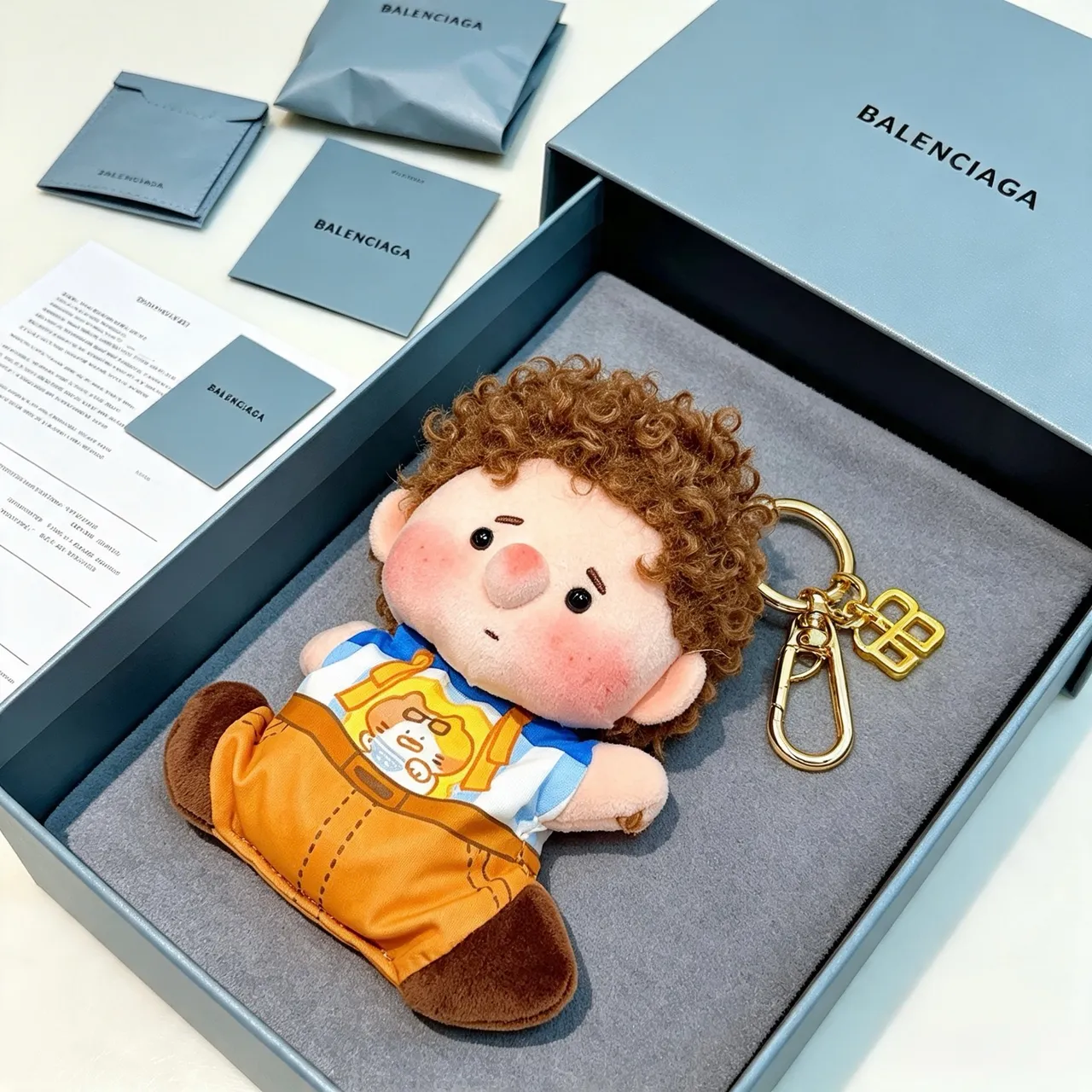 Balenciaga Brown Blue Plush Doll Keychain Accessory Handbag
