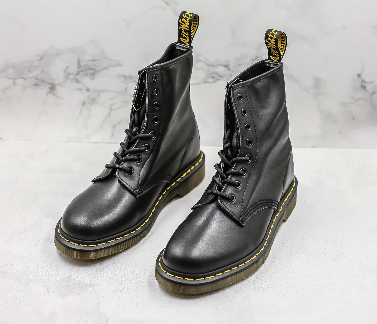 Dr. Martens 1460 Black Smooth Leather Yellow Stitch Martin Boots