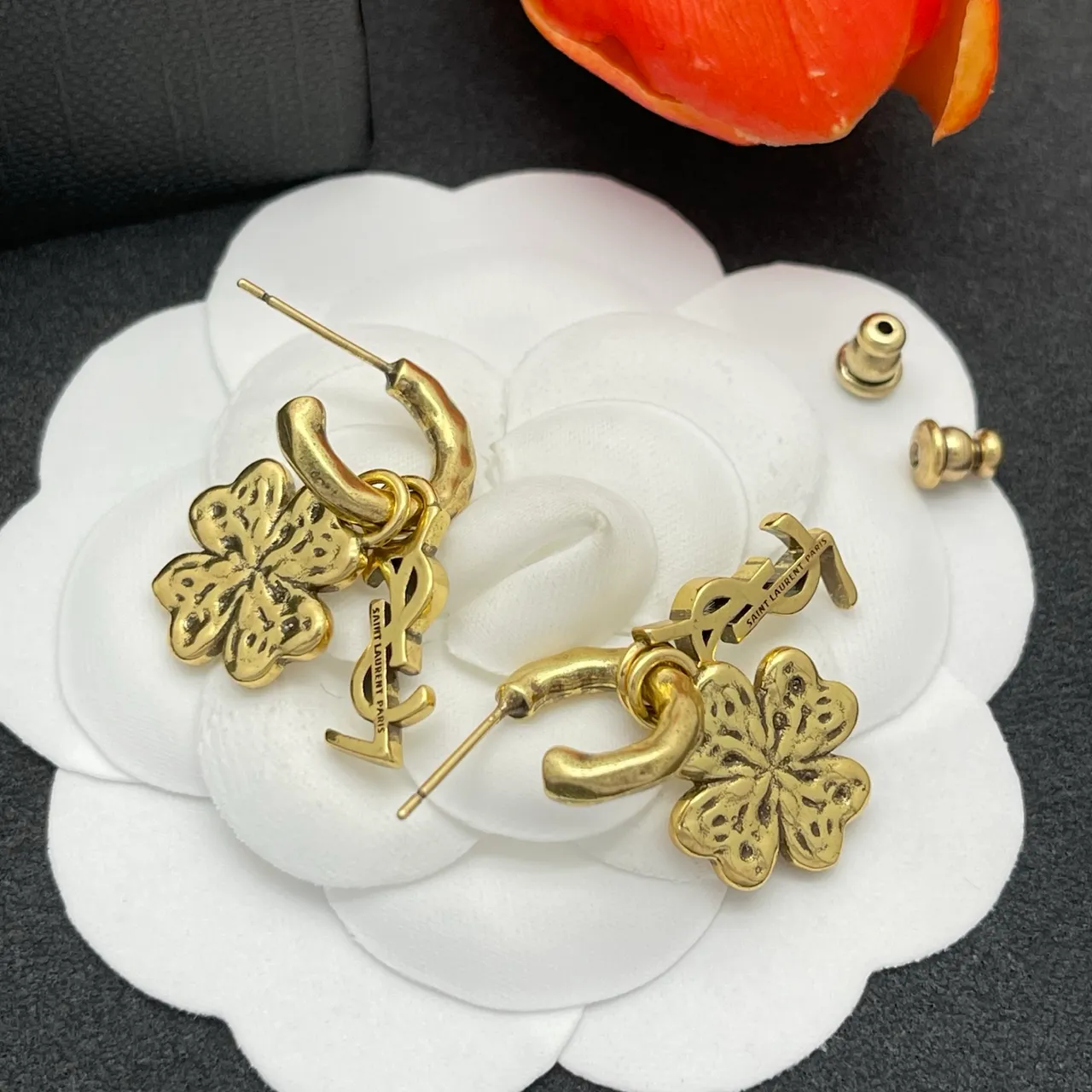 Saint Laurent Monogram Clover Gold-Tone Earrings
