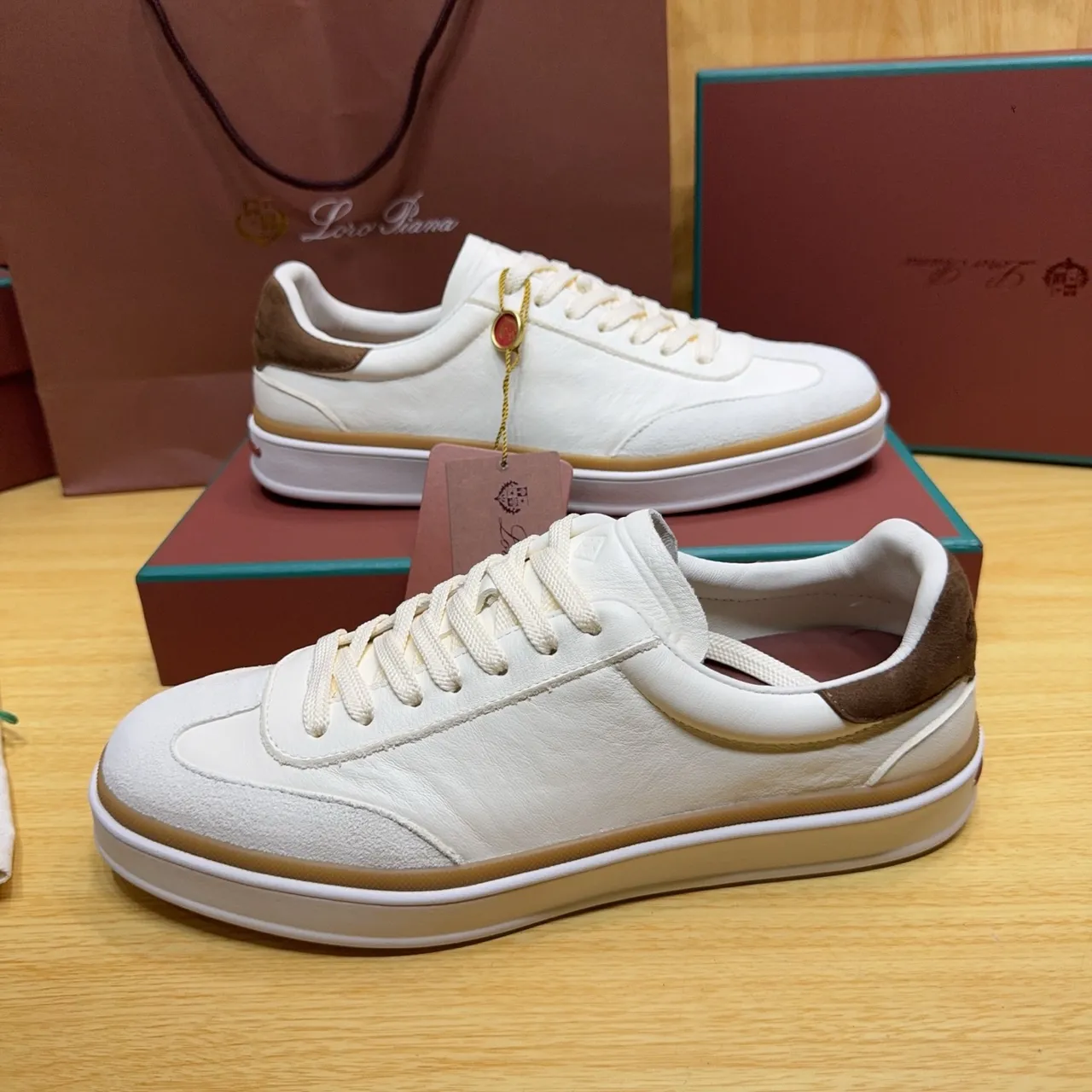 Loro Piana White and Brown Leather Lifestyle Sneakers