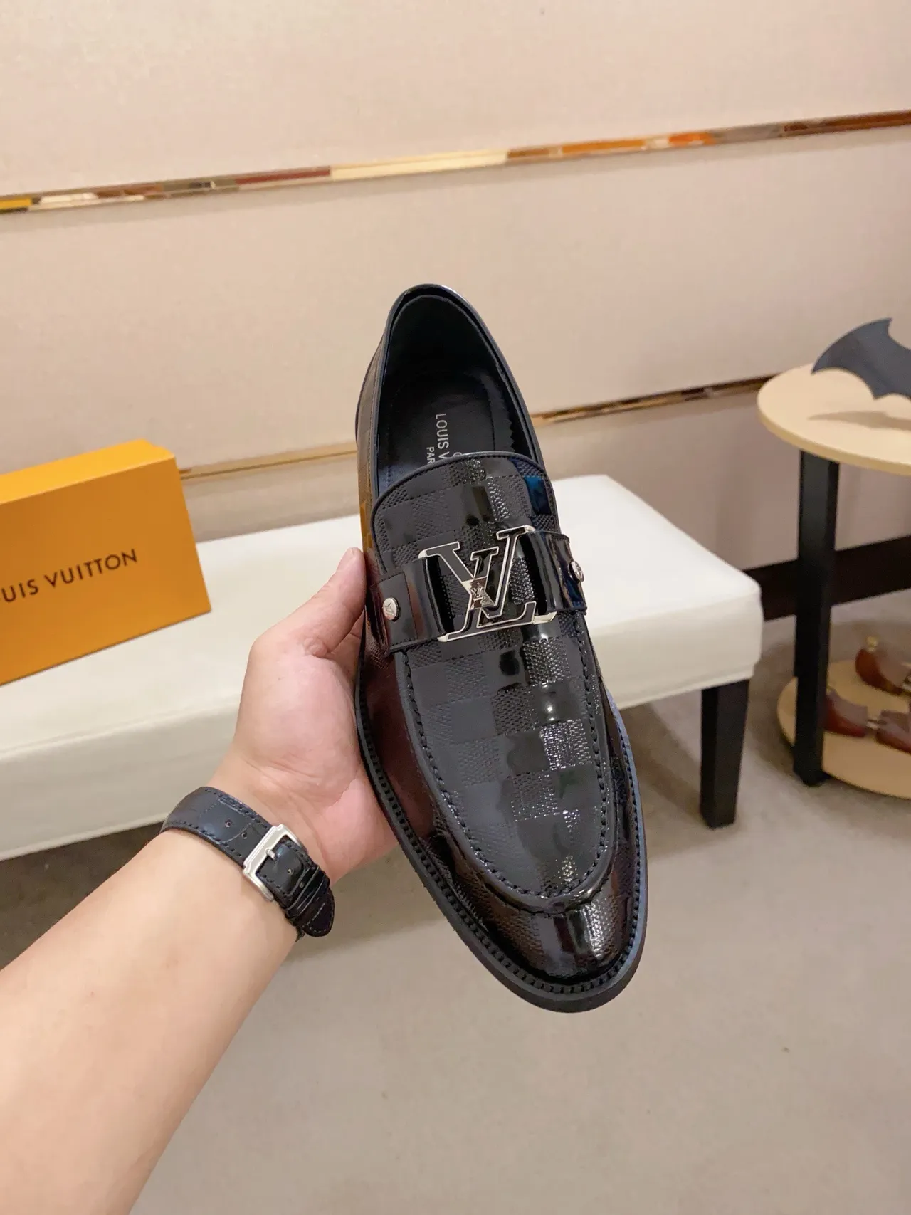 Louis Vuitton Black Patent Leather Damier Check Pattern Loafer