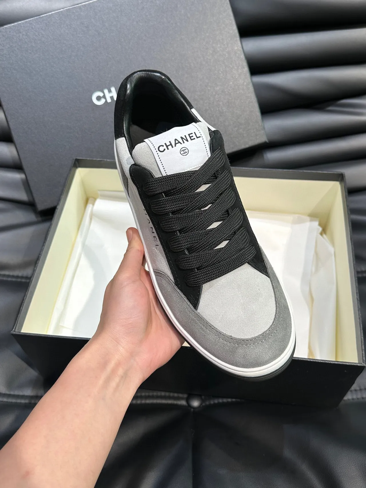 Chanel Gray Black Low-Top Suede-and-Leather Panelled Sneakers
