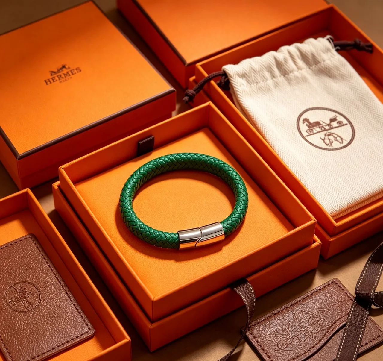 Hermès Green Silver Braided Leather Magnetic Clasp Bracelet
