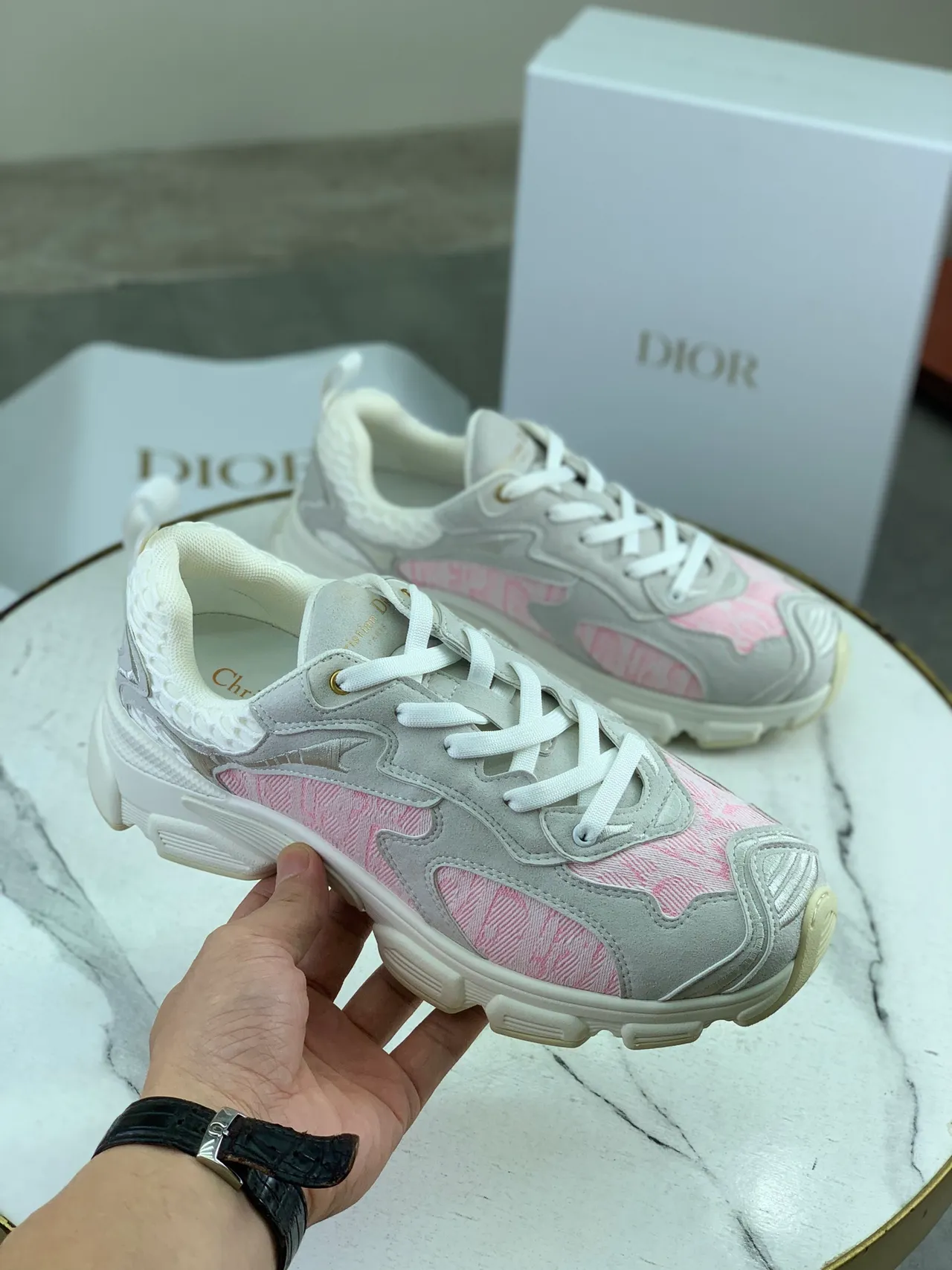Dior Gray Pink Sole Jacquard Panels Chunky Sneakers