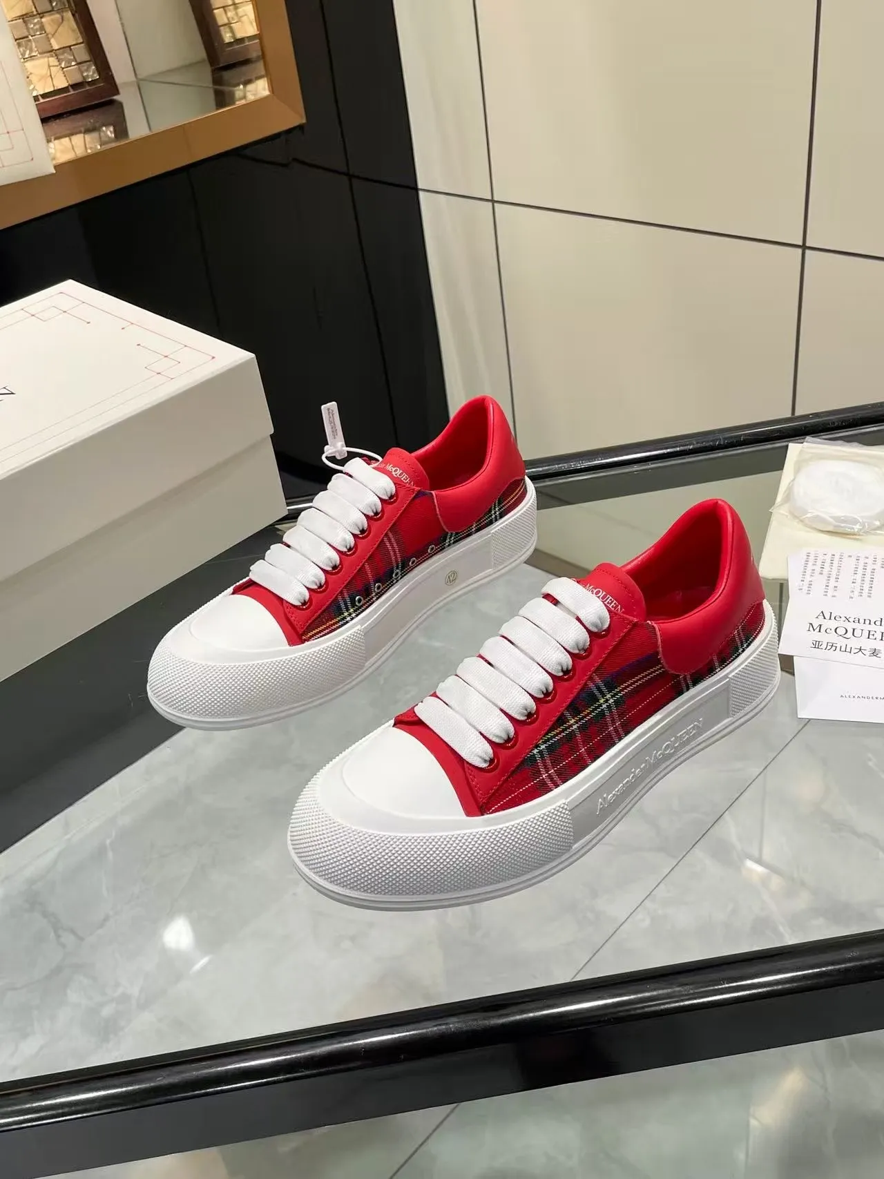Alexander McQueen Oversized Sneaker Red Plaid White Platform Lifestyle Sneakers