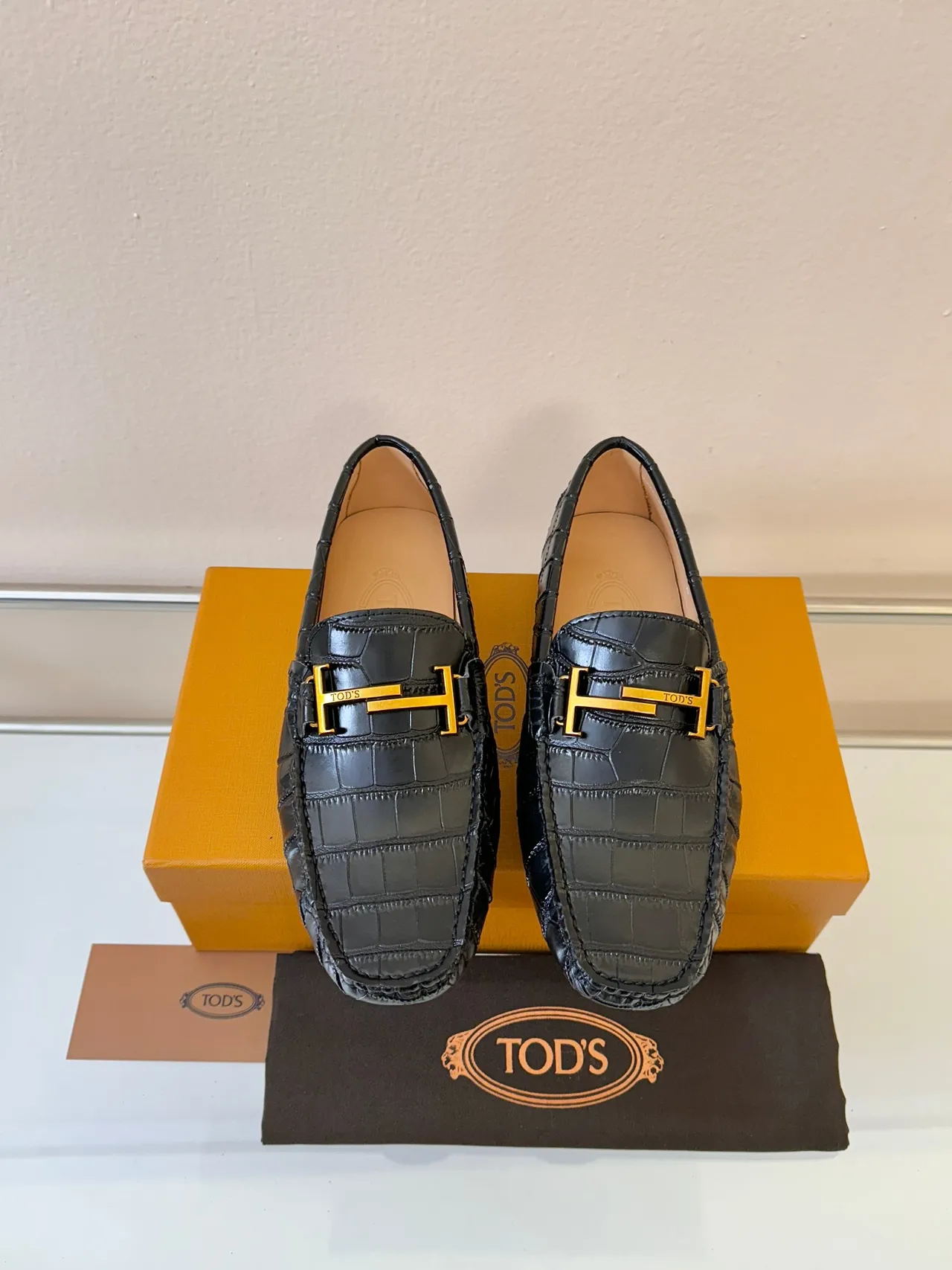 Tod's Gommino Loafer Black Croc-Embossed Leather Gold H-Bit Loafers