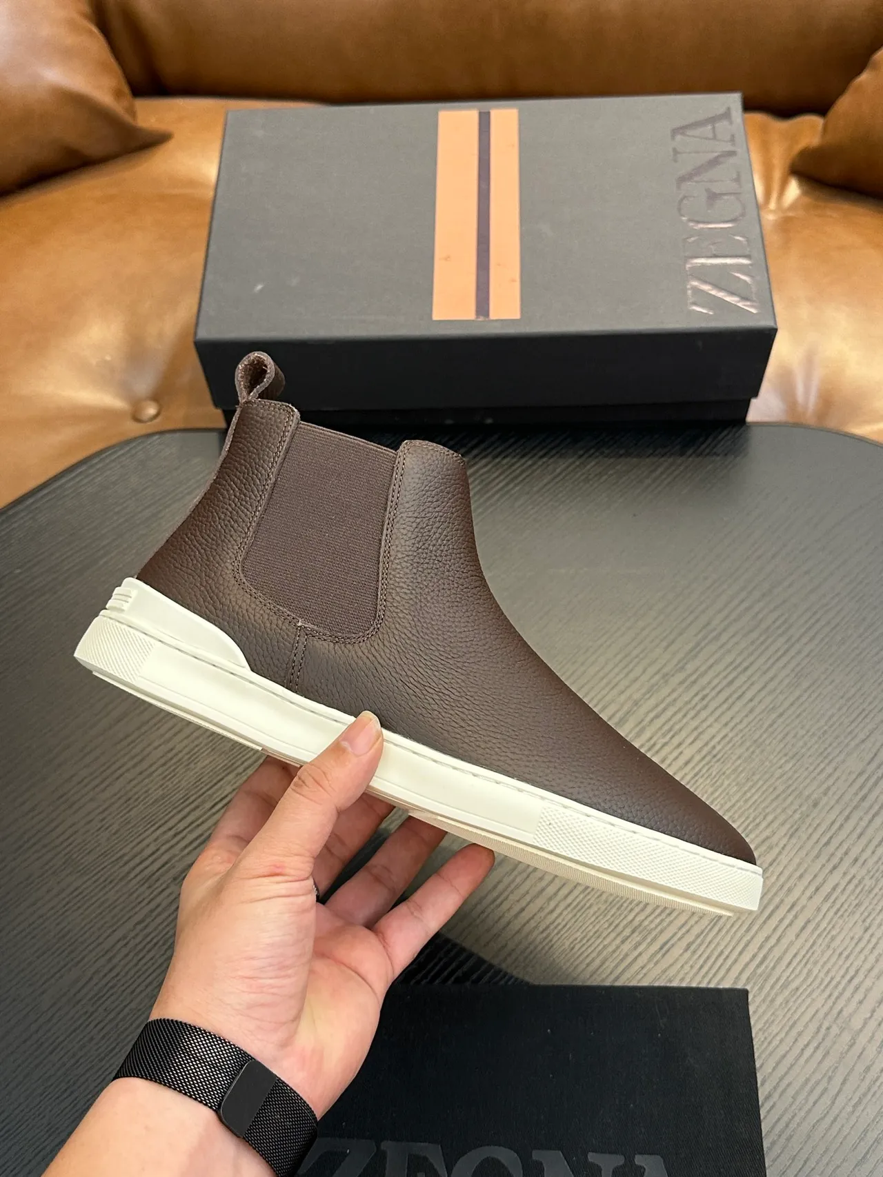 Zegna Brown Beige Pebbled Leather Elastic Side Gussets Chelsea Boots