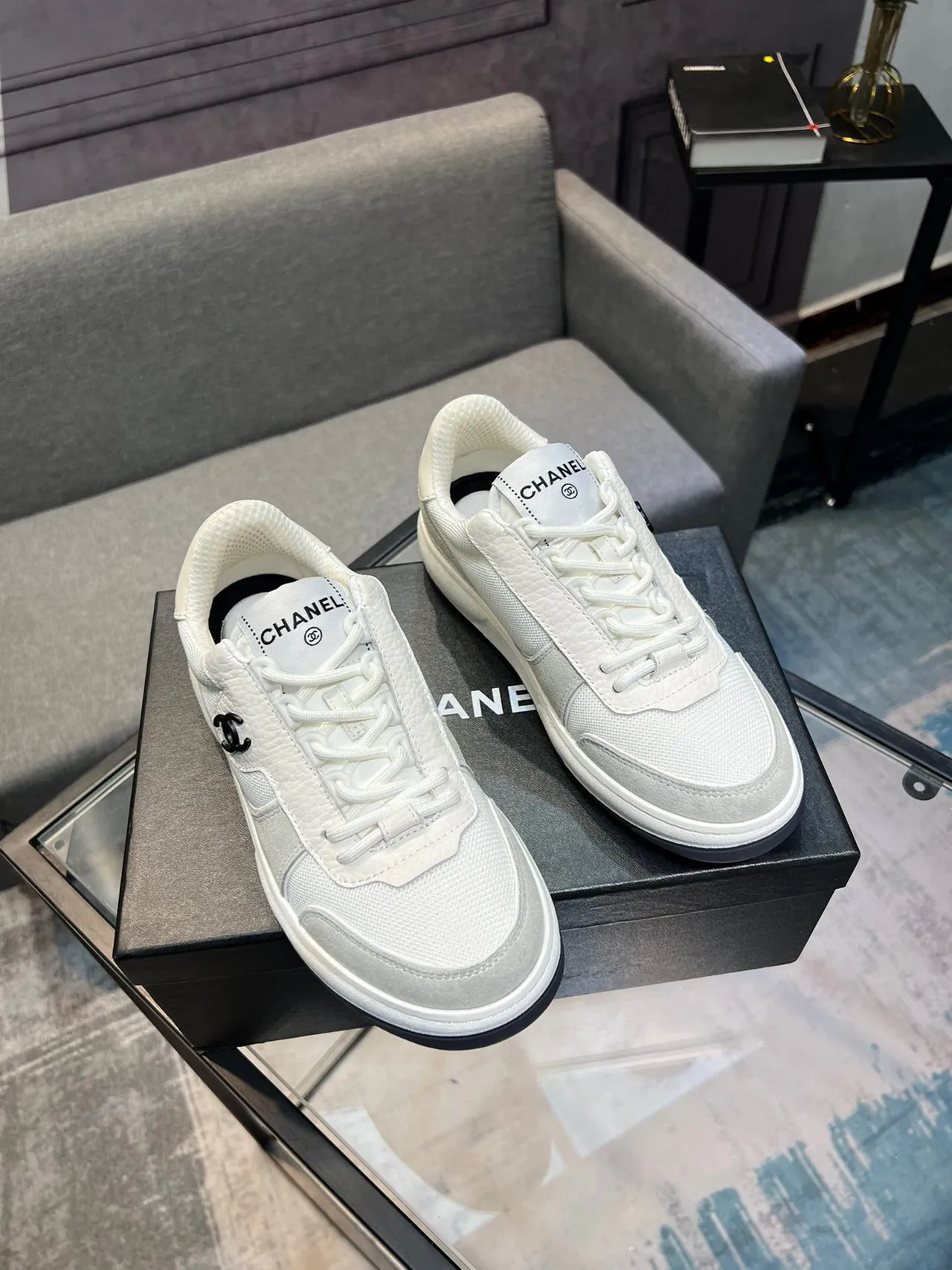 Chanel White Gray Low-Top Mixed-Material Lifestyle Sneakers