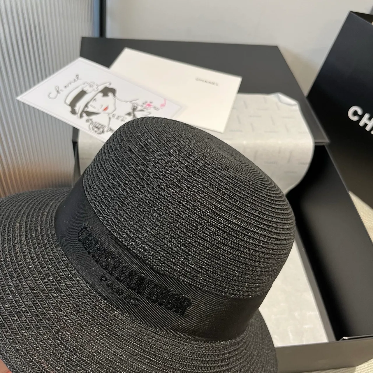 Dior Black Woven Straw-Like Texture Pinched Crown Fedora