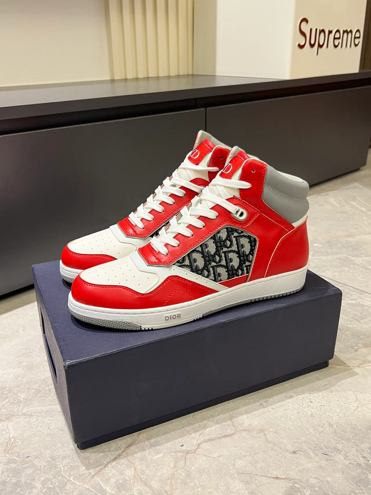 Dior B23 High Red and White Monogram Lifestyle Sneakers