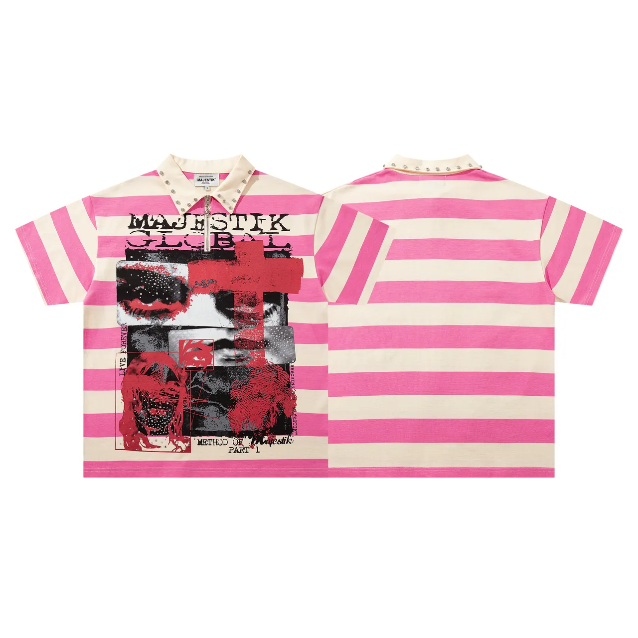 MAJESTIK Pink Beige Striped Studded Collar Polo Shirt