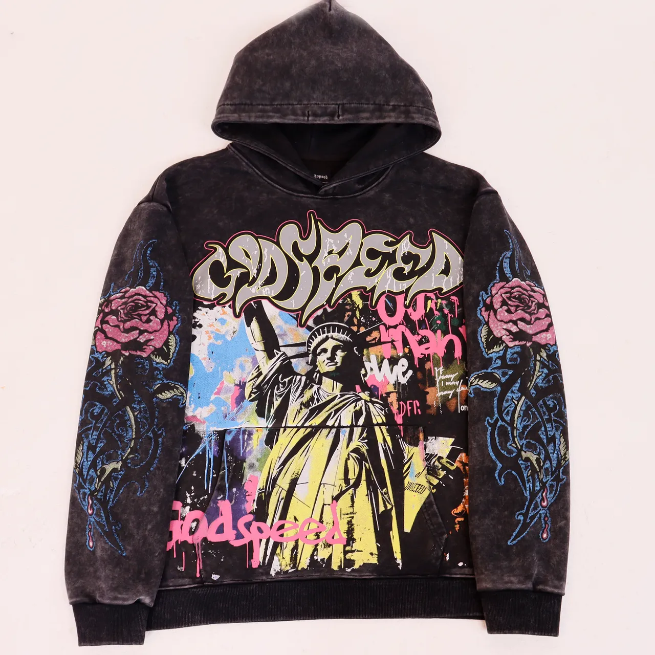 Godspeed Distressed Acid-Wash Graffiti Print Hoodie