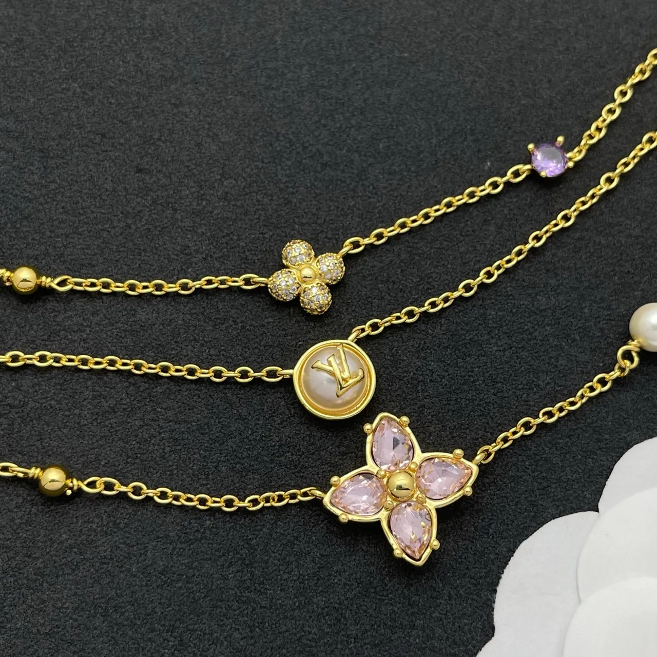 Louis Vuitton Monogram Flower Multi-Strand Pearl and Gemstone Necklace