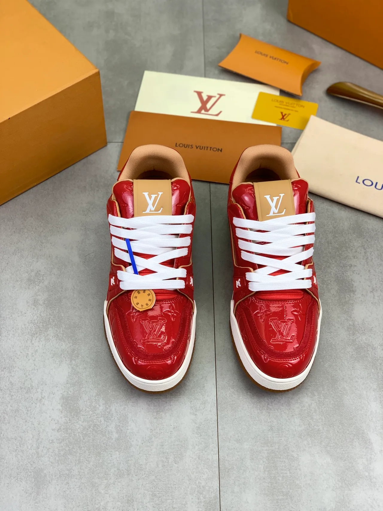 Louis Vuitton LV Trainer Red Beige Patent Leather Monogrammed Lifestyle Sneakers