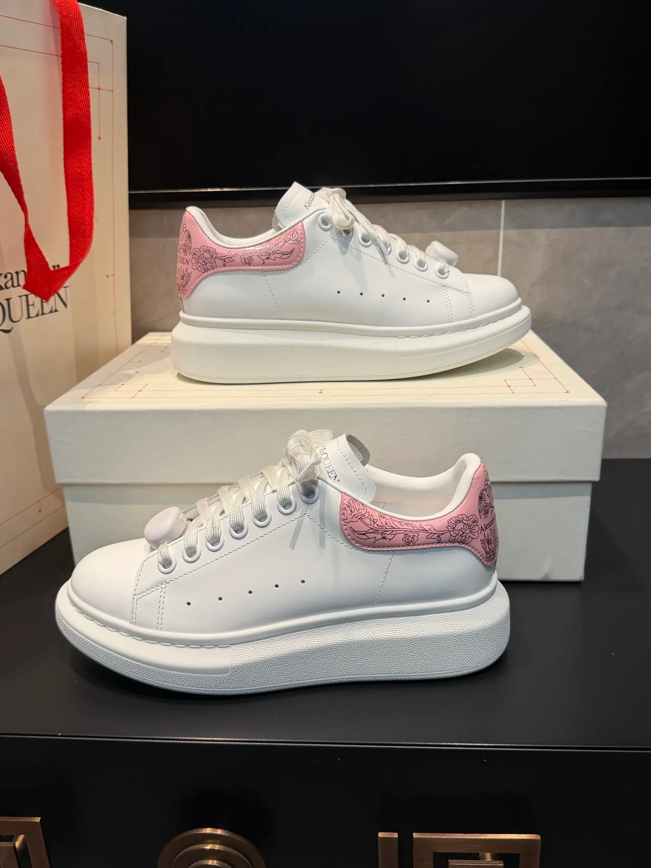 Alexander McQueen White Pink Platform Sole Leather Upper Lifestyle Sneakers
