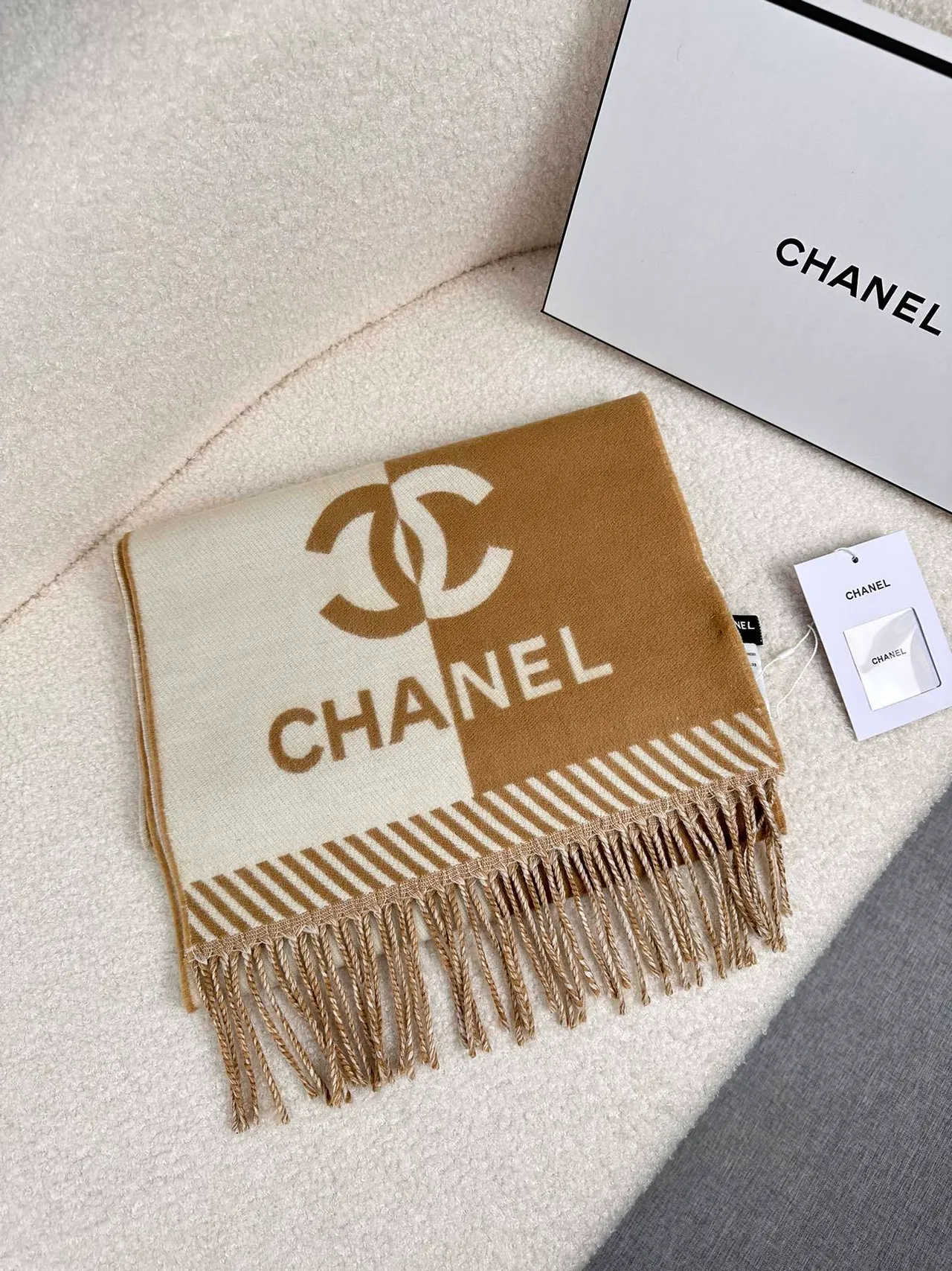 Chanel Monogrammed Beige and Cream Cashmere Scarf