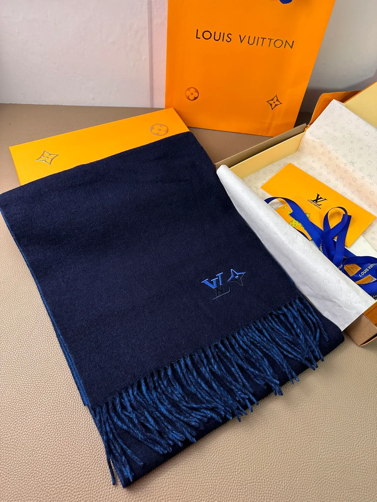 Louis Vuitton Embroidered Monogram Navy Cashmere Scarf
