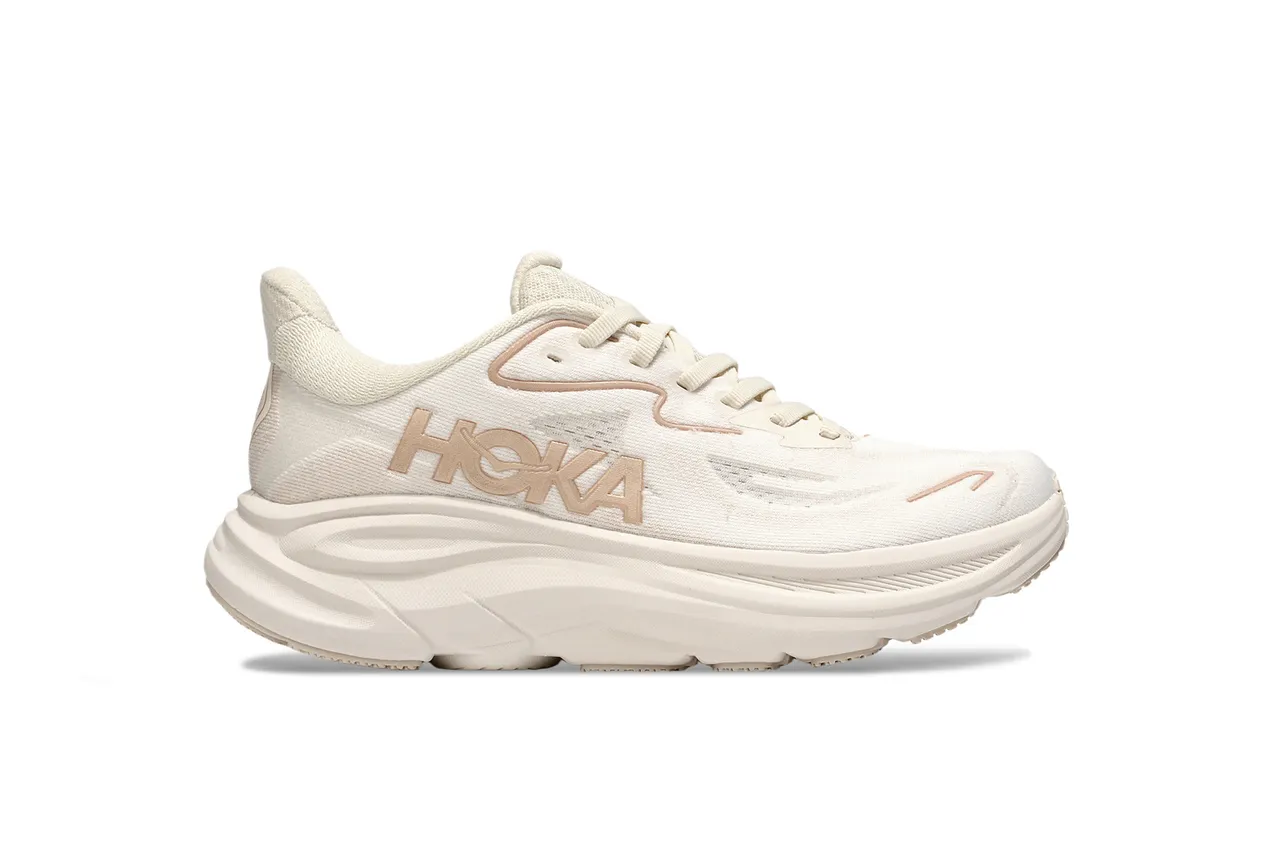 Hoka White Beige Engineered Knit Upper Sculpted Foam Midsole Running Shoes
