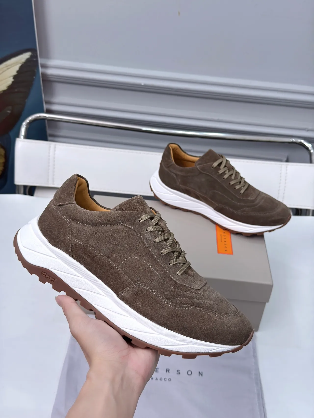 Brown White Suede Upper Chunky Layered Sole Sneakers