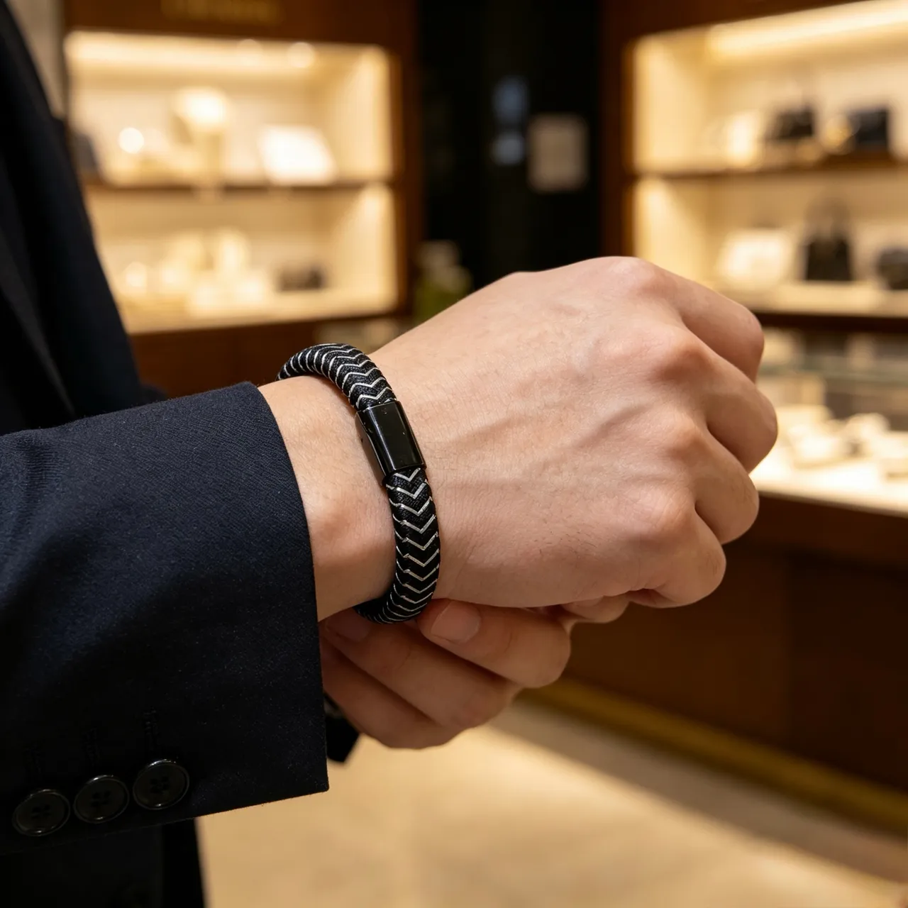 Hermès Black Silver Woven Leather Zigzag Stitching Bracelet