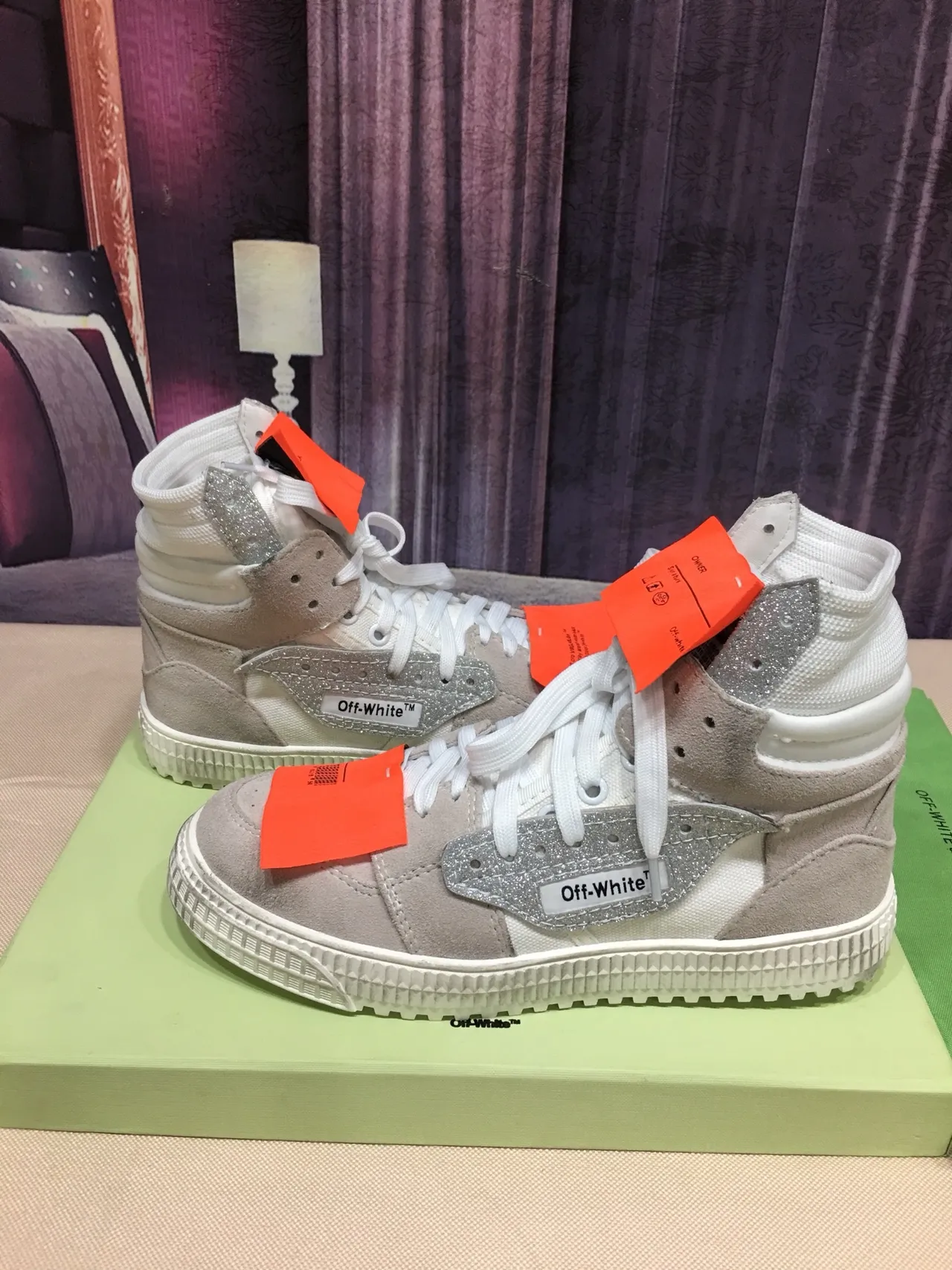 Off-White Beige Silver High-Top Glitter-Accented Lifestyle Sneakers