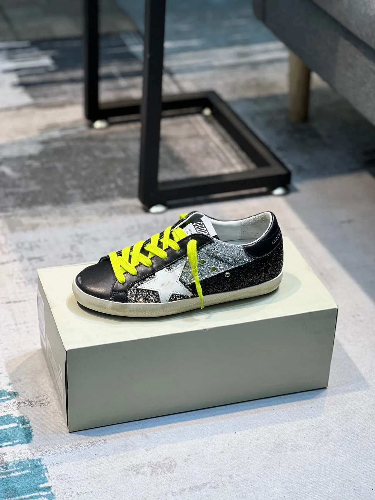 Golden Goose Superstar Black Silver Glitter Neon Yellow Lace-Up Lifestyle Sneakers
