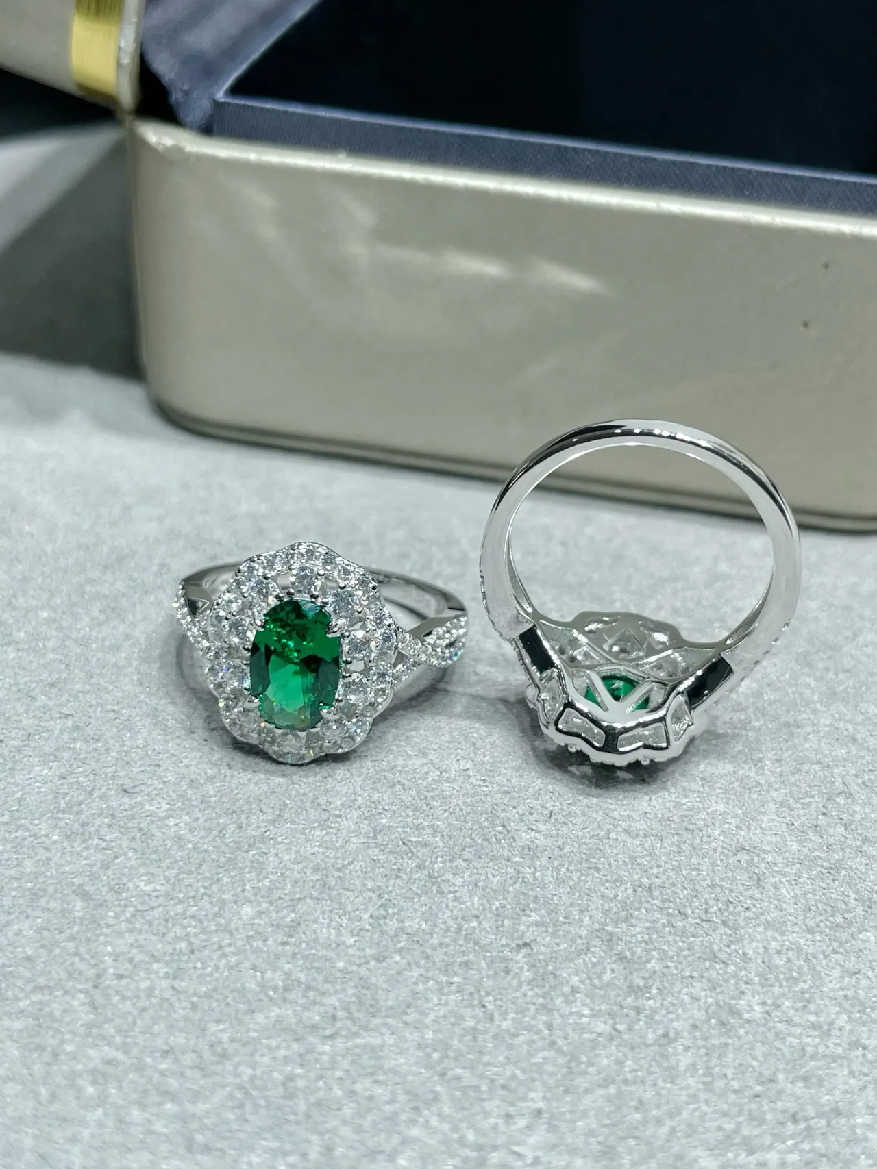 Green Silver Oval-Cut Center Stones Pavé Halo Surround Earrings