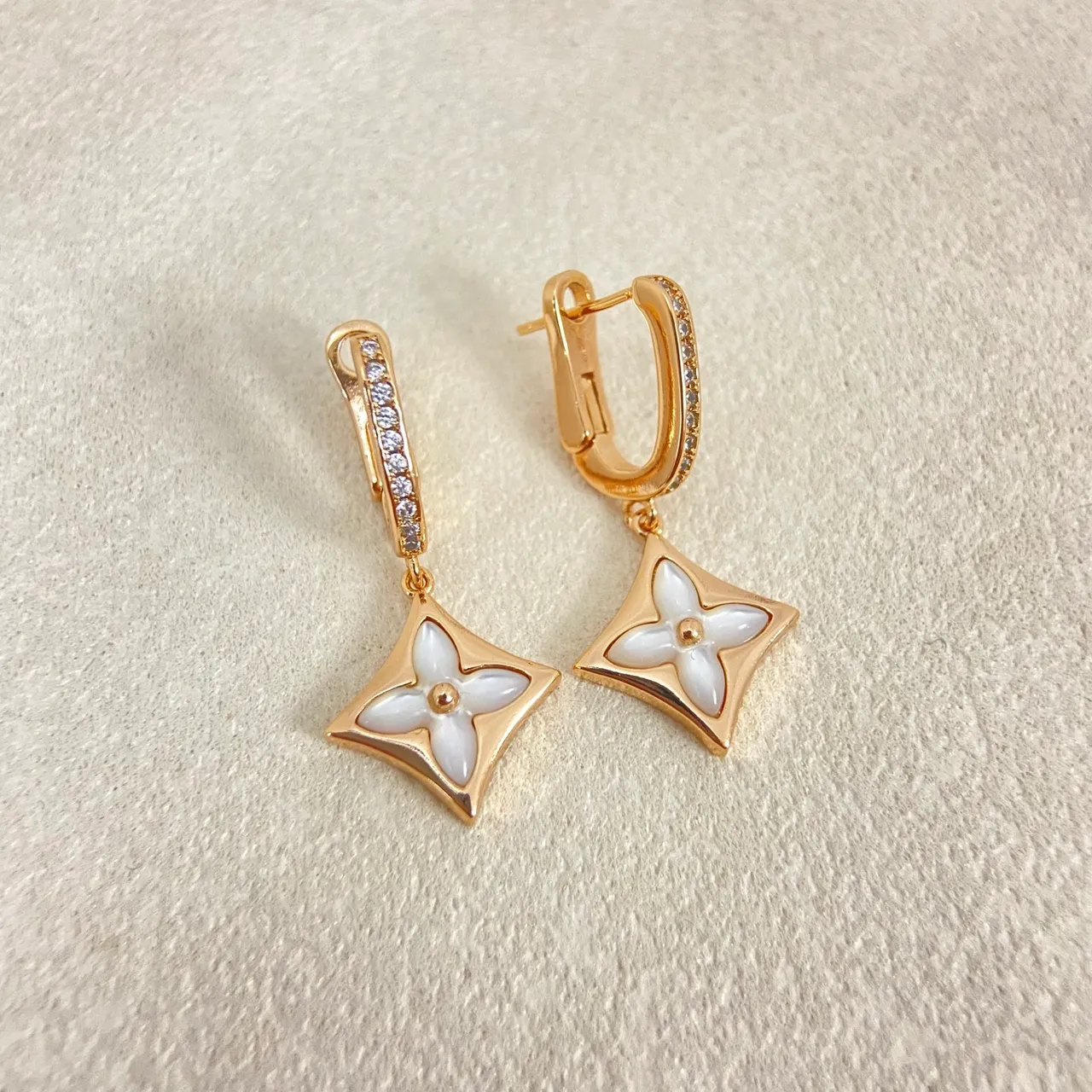Enamel Floral Quatrefoil Clip-On Dangle Earrings