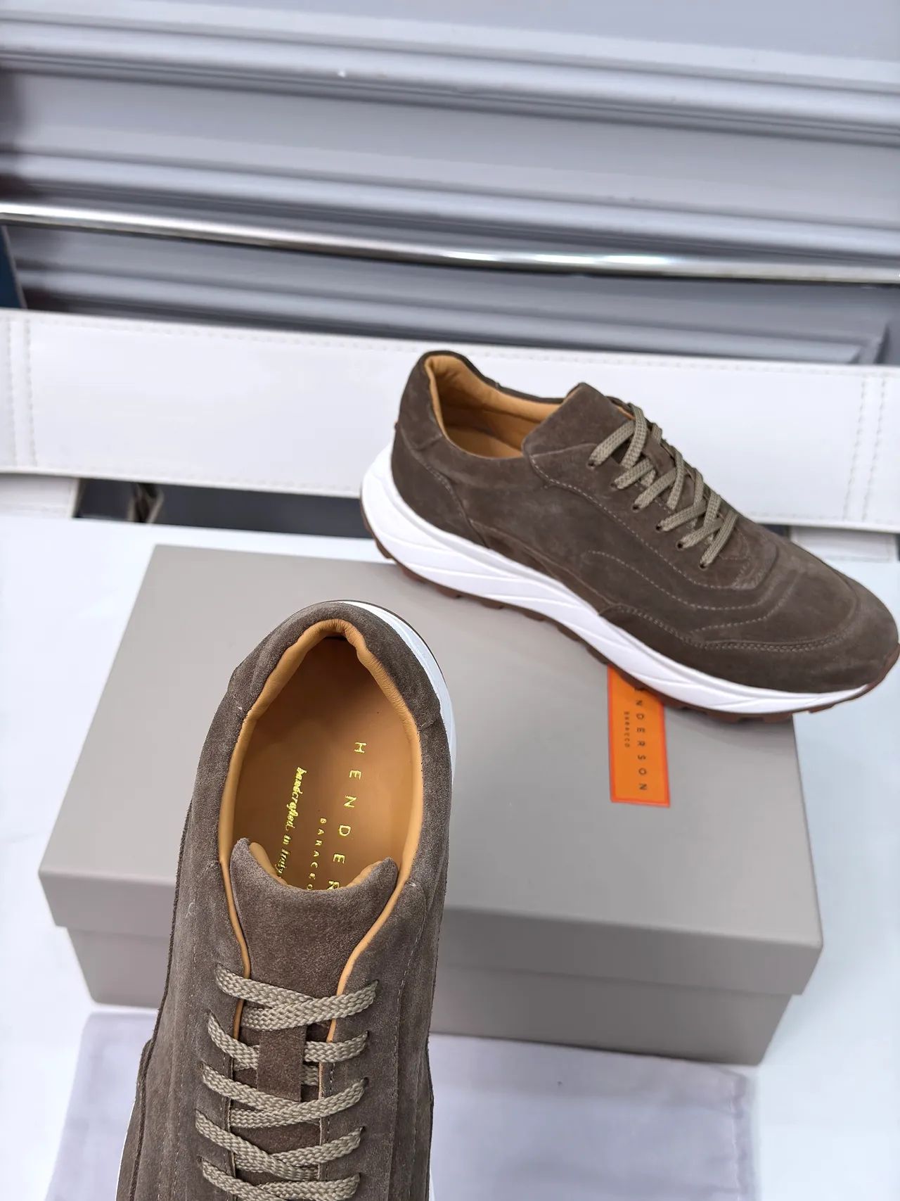 Brown White Suede Upper Chunky Layered Sole Sneakers