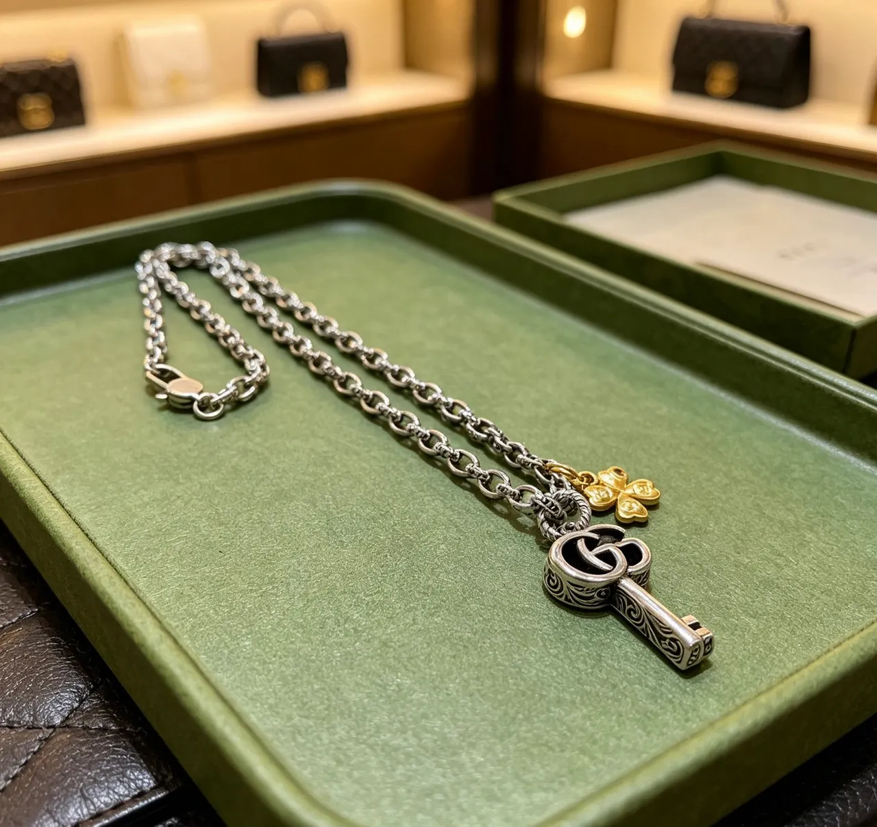 Gucci Silver Gold Oxidized Chain Engraved GG Key Pendant Necklace