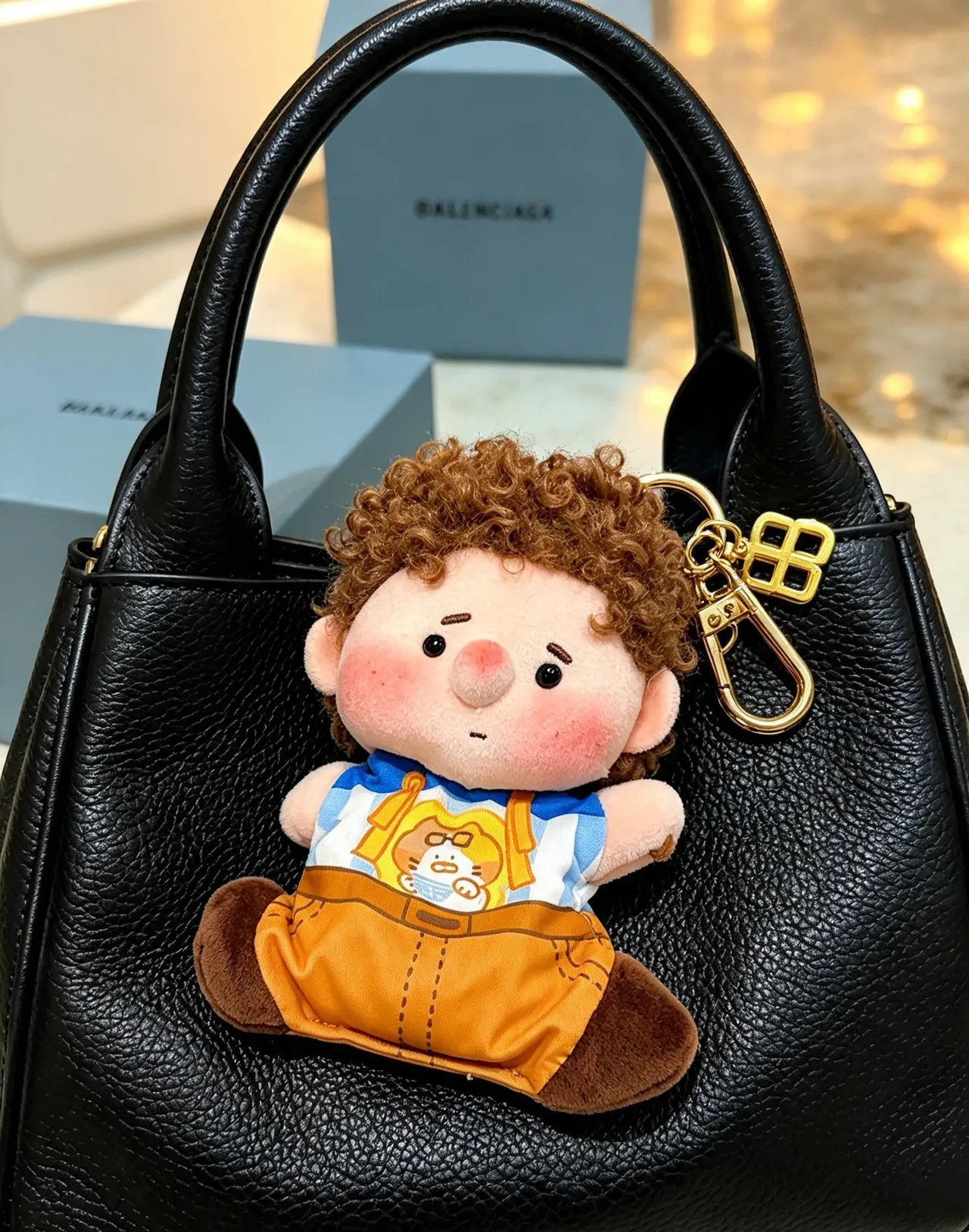 Balenciaga Brown Blue Plush Doll Keychain Accessory Handbag