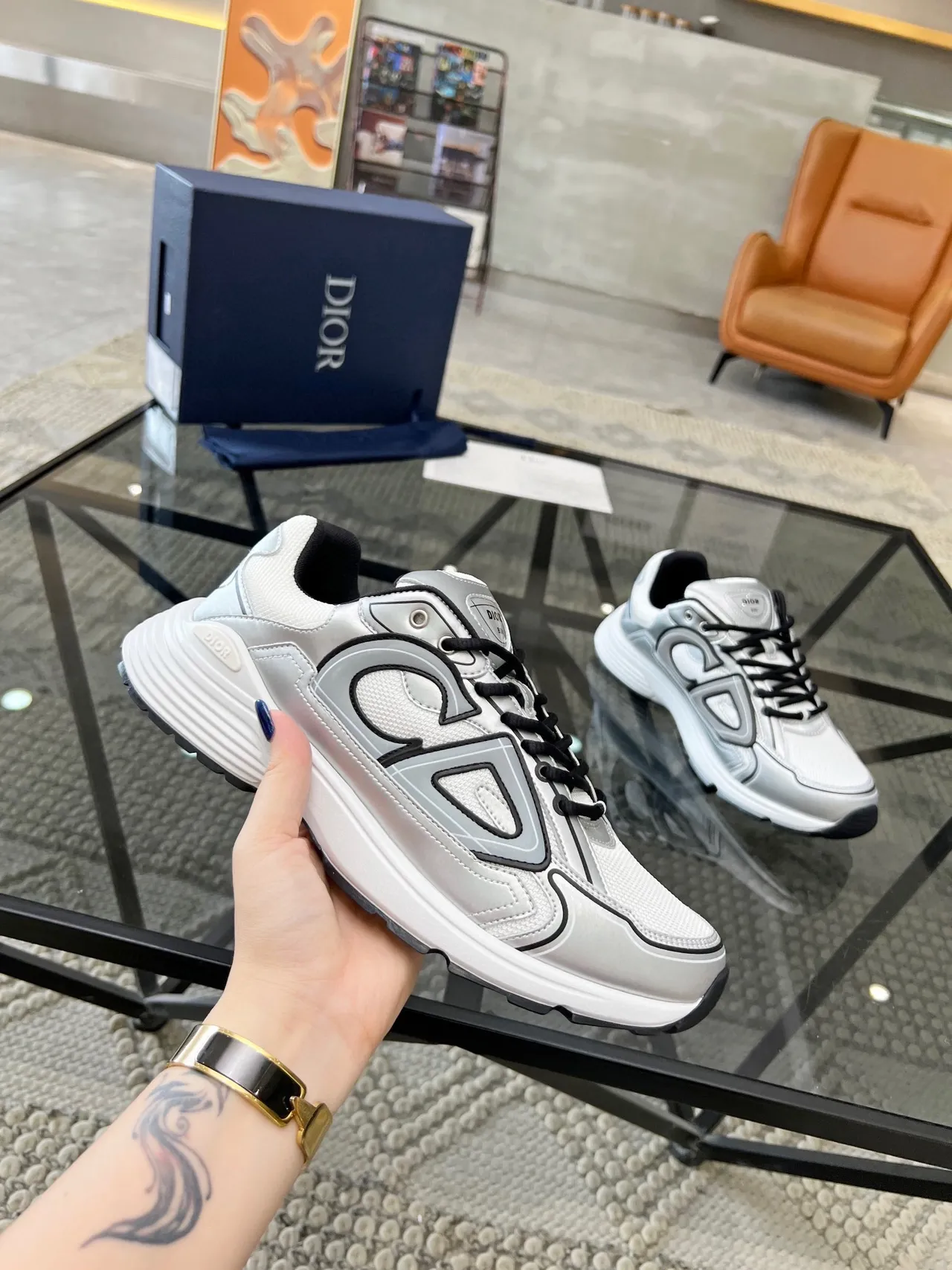 Dior White Gray Chunky Platform Sole Oversized Logo Overlay Lifestyle Sneakers