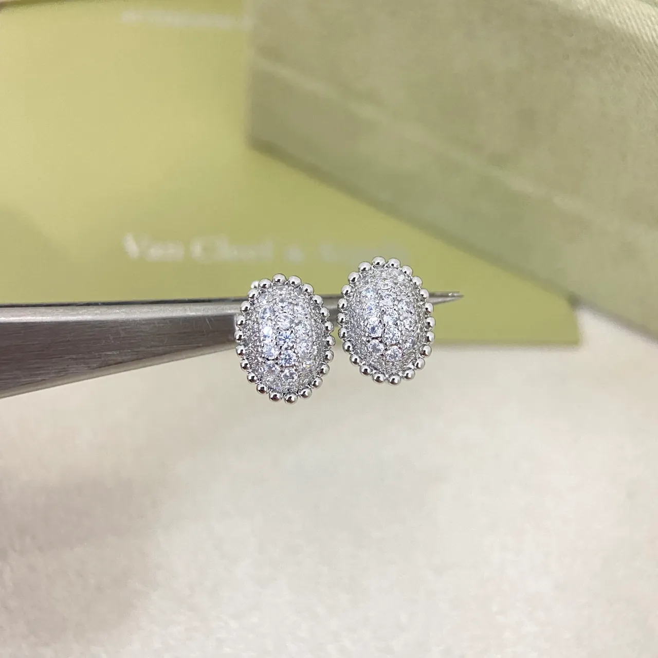 Van Cleef & Arpels Gold Silver Oval Pavé Studs Beaded Border Edge Earrings