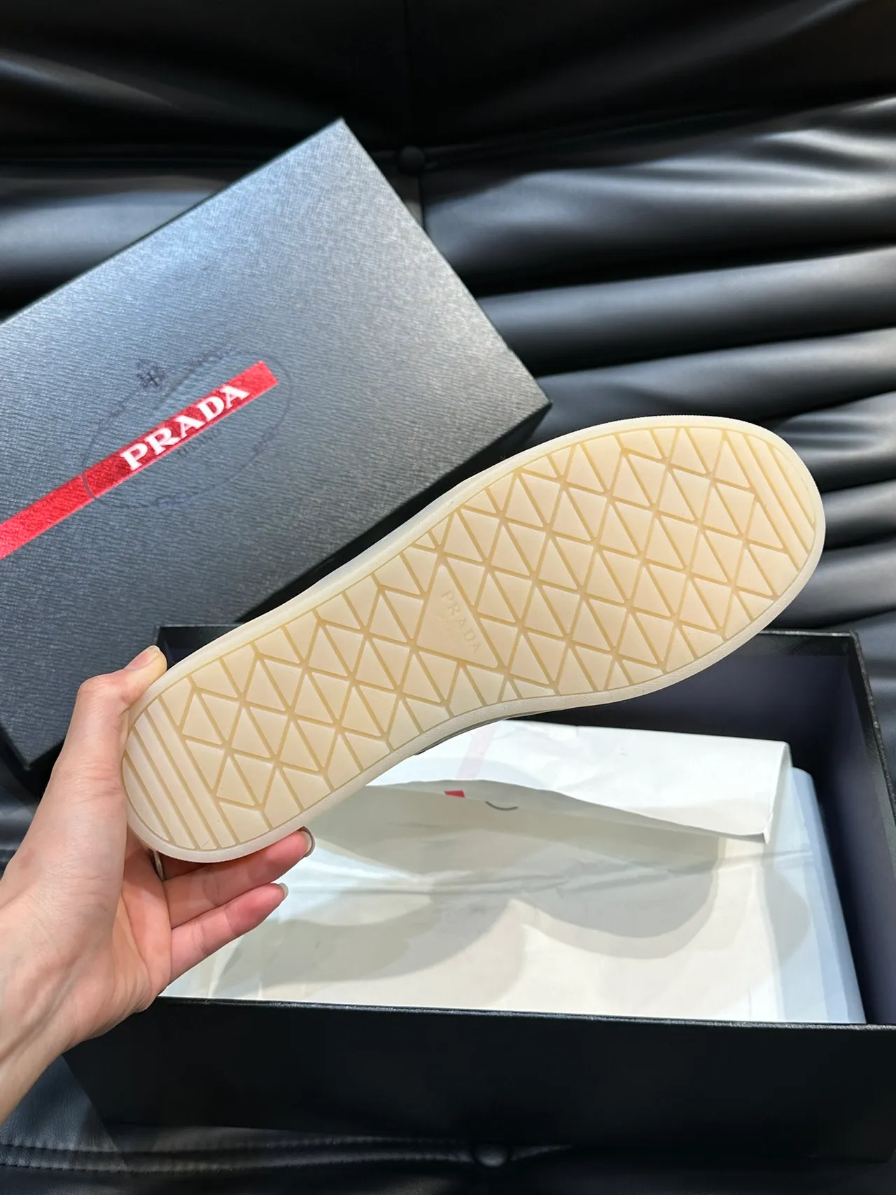 Prada Re-Edition Beige Black Textured Leather Upper Side Stripe Lifestyle Sneakers
