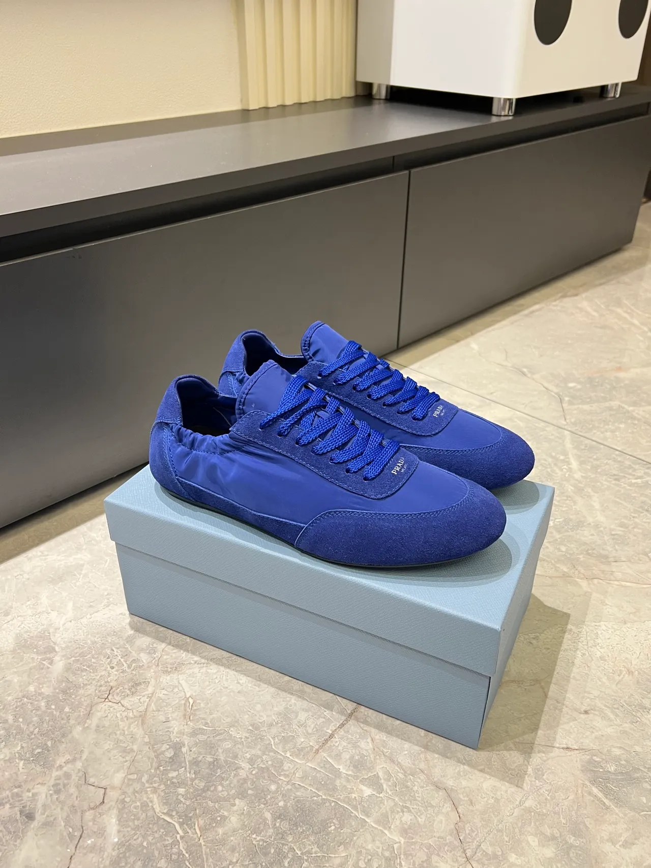 Prada Blue Monochromatic Nylon And Suede Mix Lifestyle Sneakers