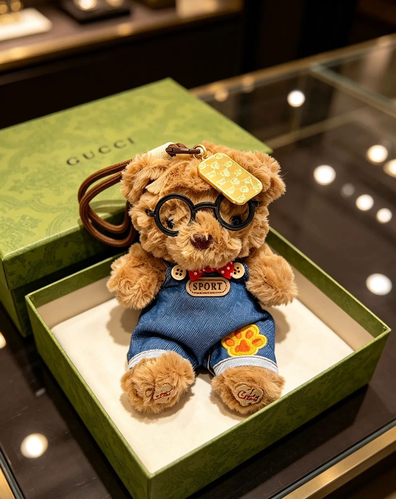 Gucci Brown Blue Plush Teddy Bear Denim Overalls Handbag