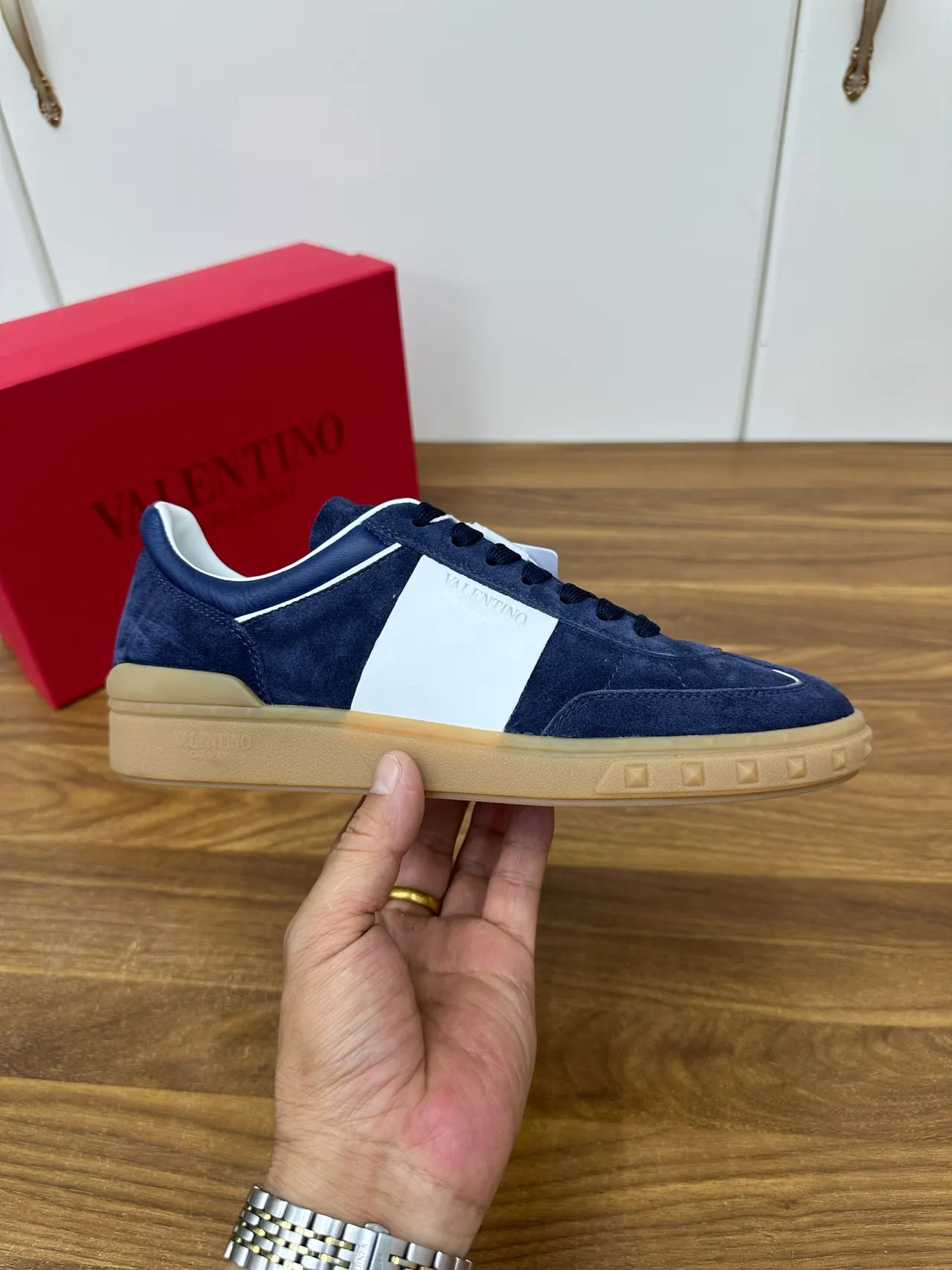 Valentino Navy White Suede Side Stripe Lifestyle Sneakers