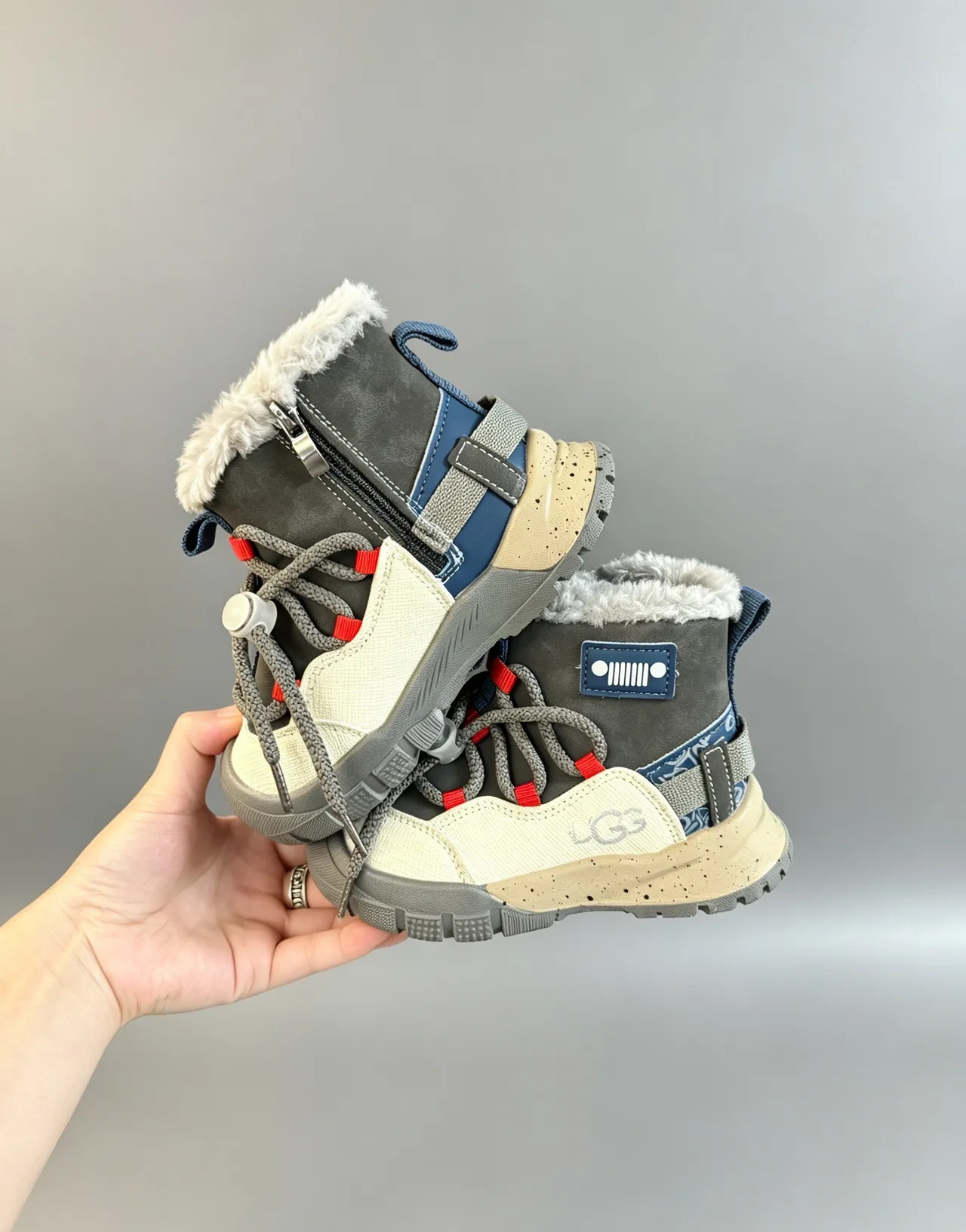 UGG Beige Gray Shearling-Lined Chunky Tread Sole Snow Boots
