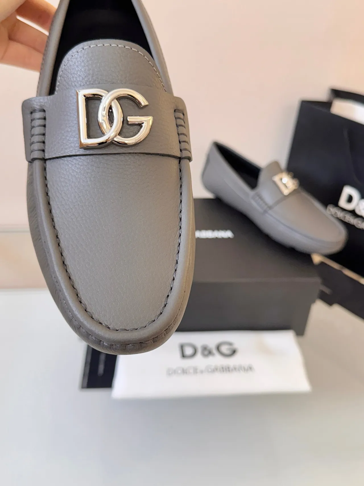 Dolce & Gabbana Portofino Gray Black Leather Moc-Toe Loafer